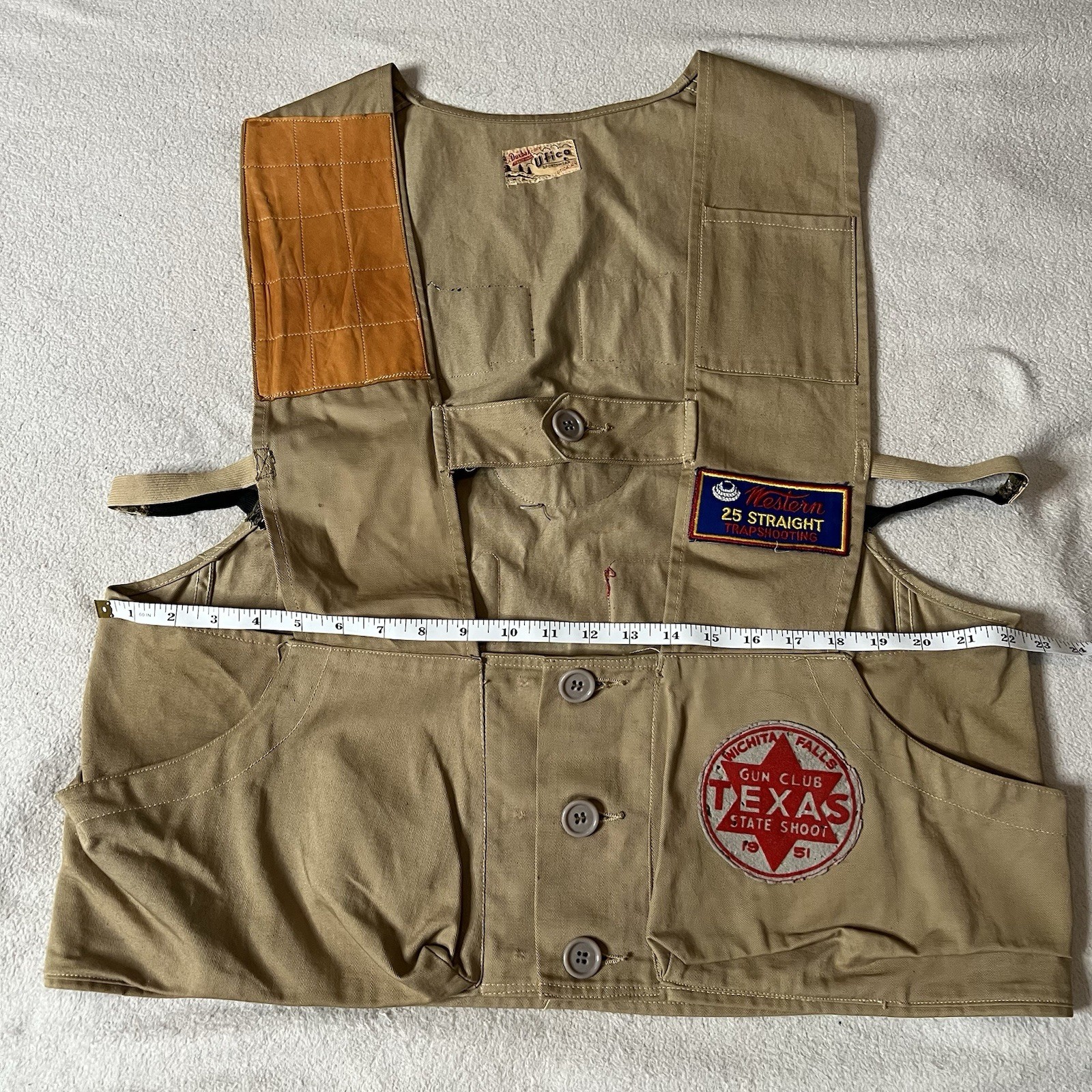 Vintage 1940's Utica Duxbak Shooting Hunting Fishing Game Canvas Vest w/ Patches