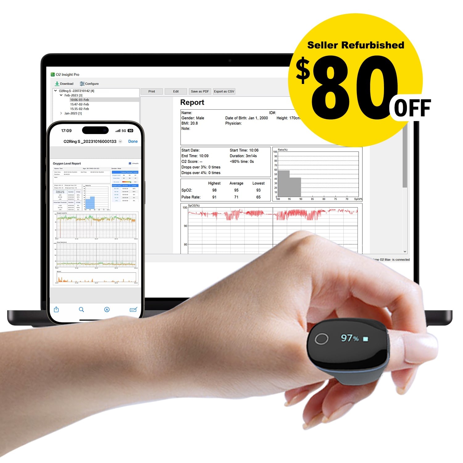 Wellue O2Ring Oximeter Continuous Recording SpO2 & PR with Free App & PC Reports