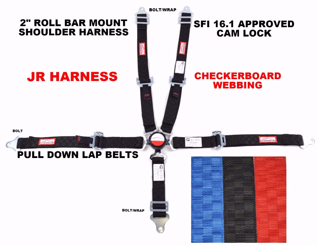 JR DRAGSTER HARNESS 2" SFI 16.1 PULL DOWN LAP BELT CAM LOCK BLACK CHECKERBOARD