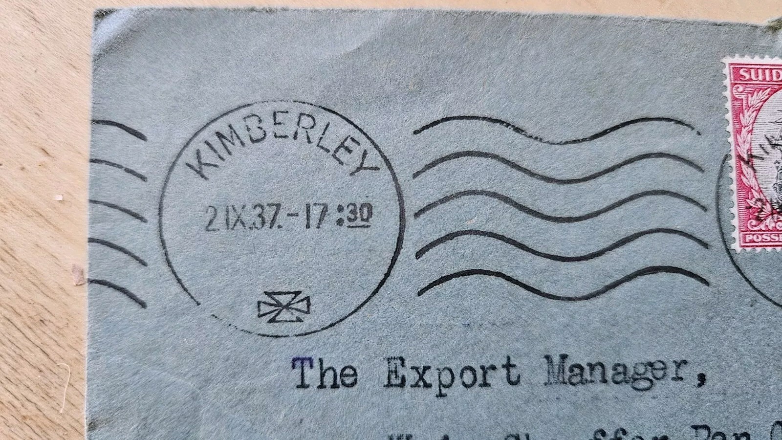 1937 South Africa to USA cover 1d posted Kimberley to Ft. Madison, Iowa