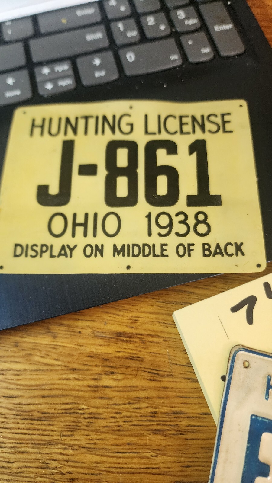 Vintage 1938 Rare Celluloid Ohio Hunting License Plate Tag Display on Back. VGC