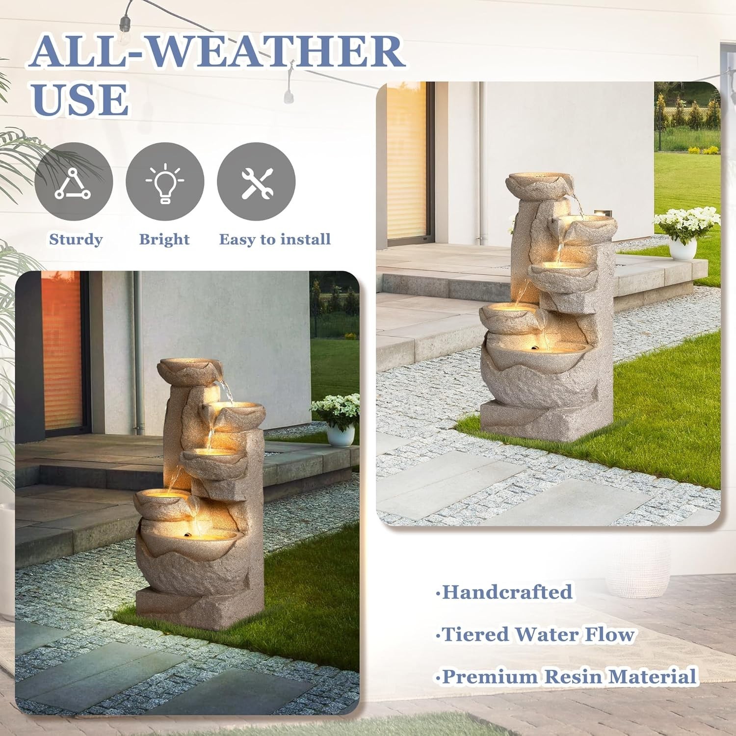 Outdoor 5-Tiers Cascading Rock Water Fountain, Waterfall Fountain with 5 LED