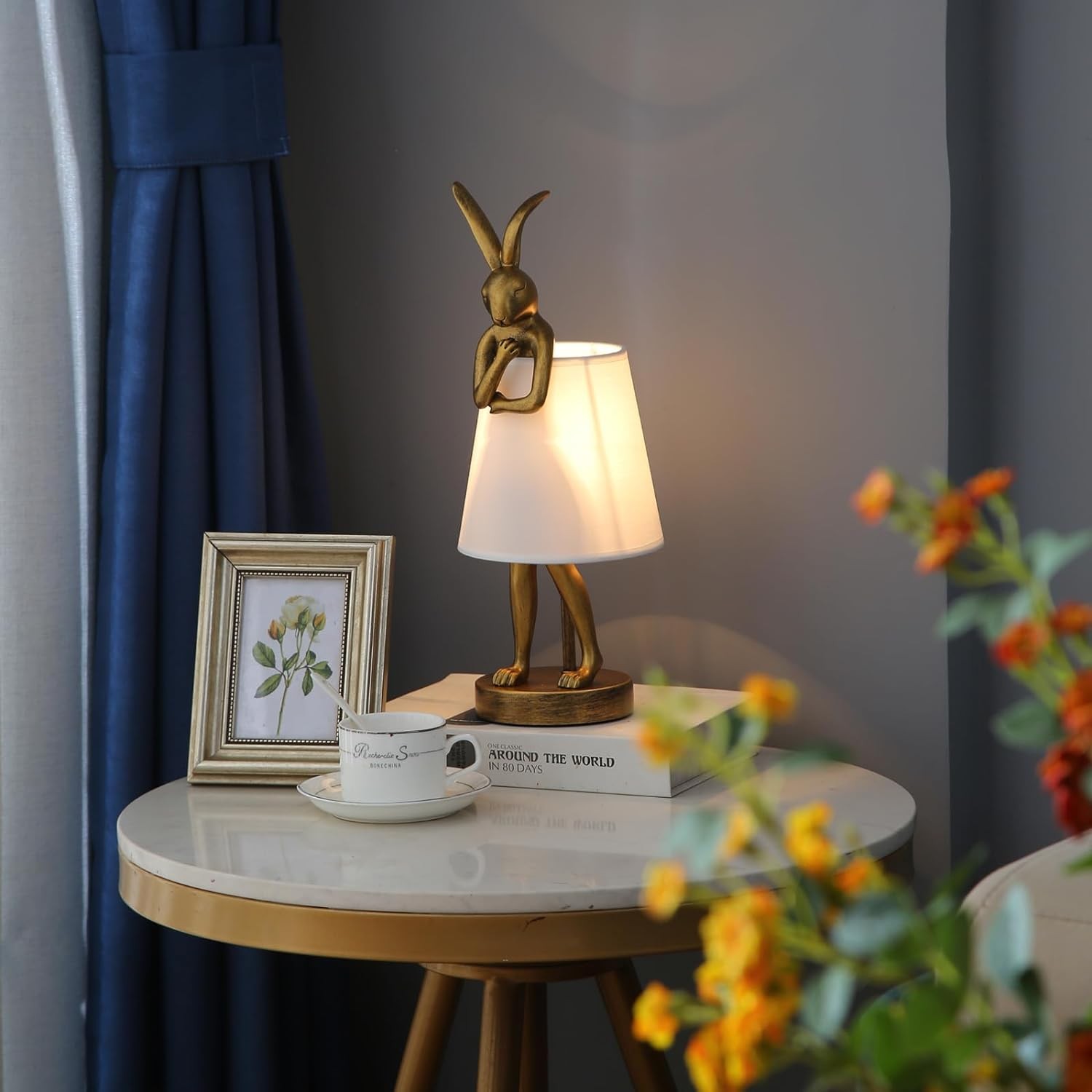LED Bunny Table Lamp Resin Rabbit Desk Linen Shade 16Inch Decorative Lamp Room