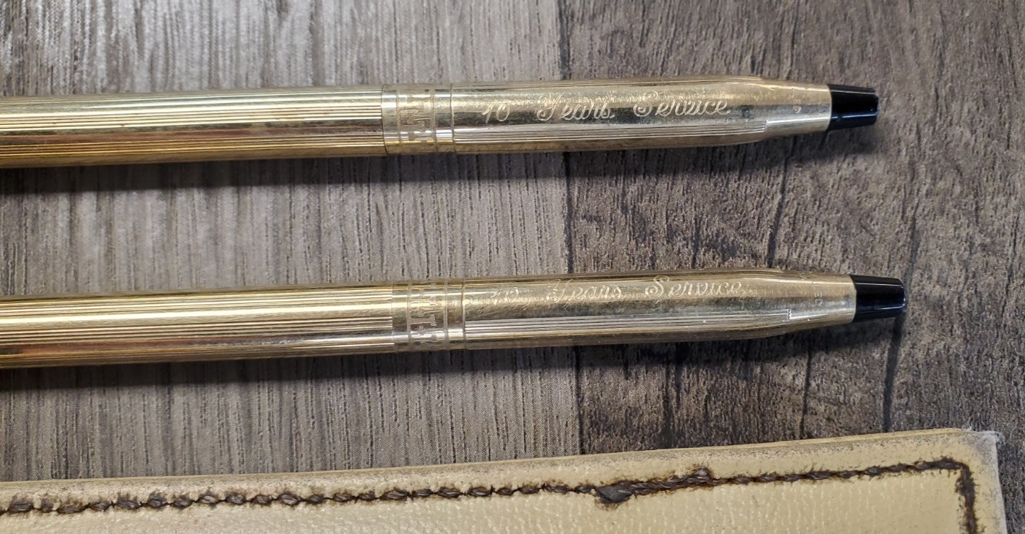 Cross 1/20 10k gold filled pen & pencil set blue ink greek border 10 year