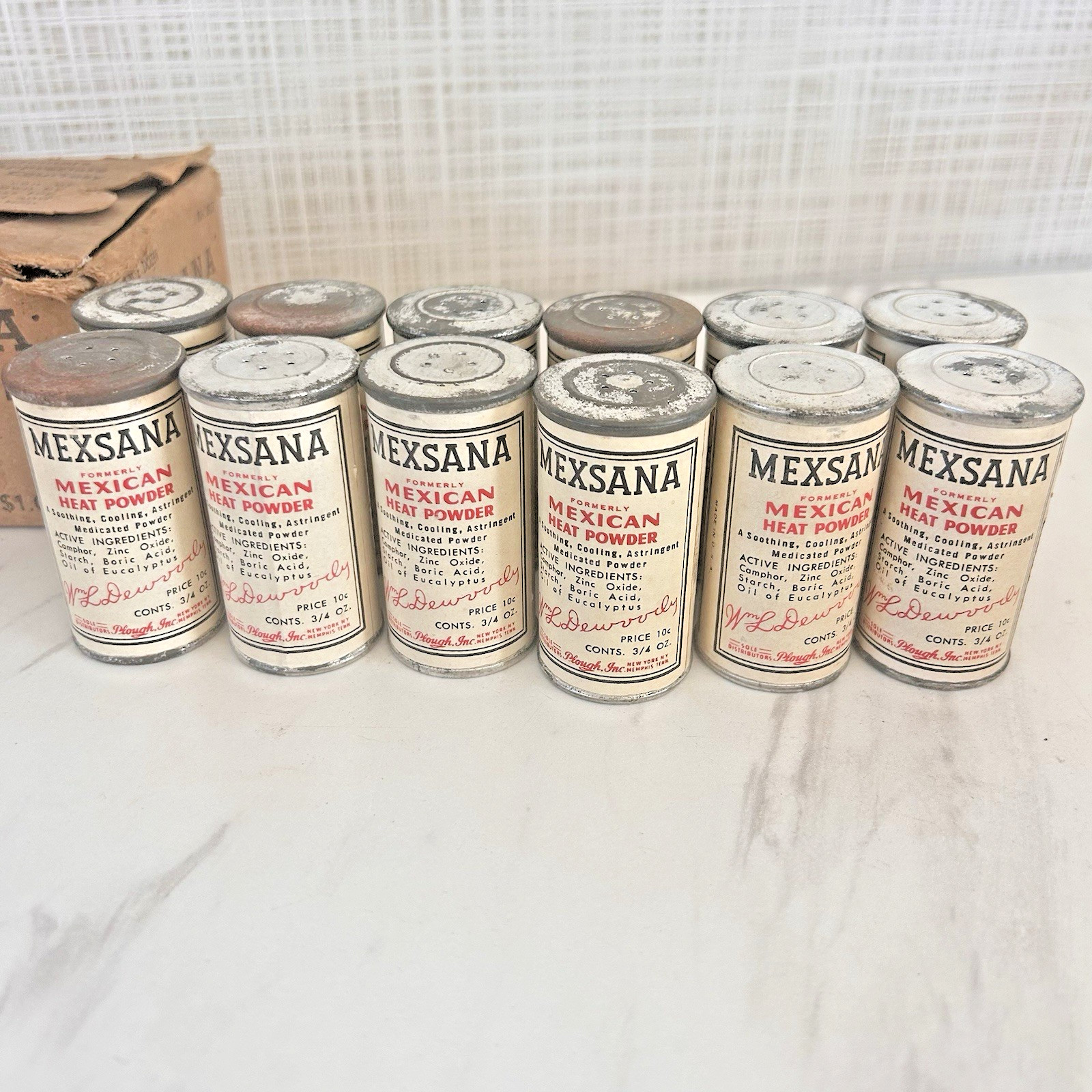 Vintage Mexsana Mexican Heat Powder 10 Cent Size Cans 3/4 Oz Bundle of 12 & Box