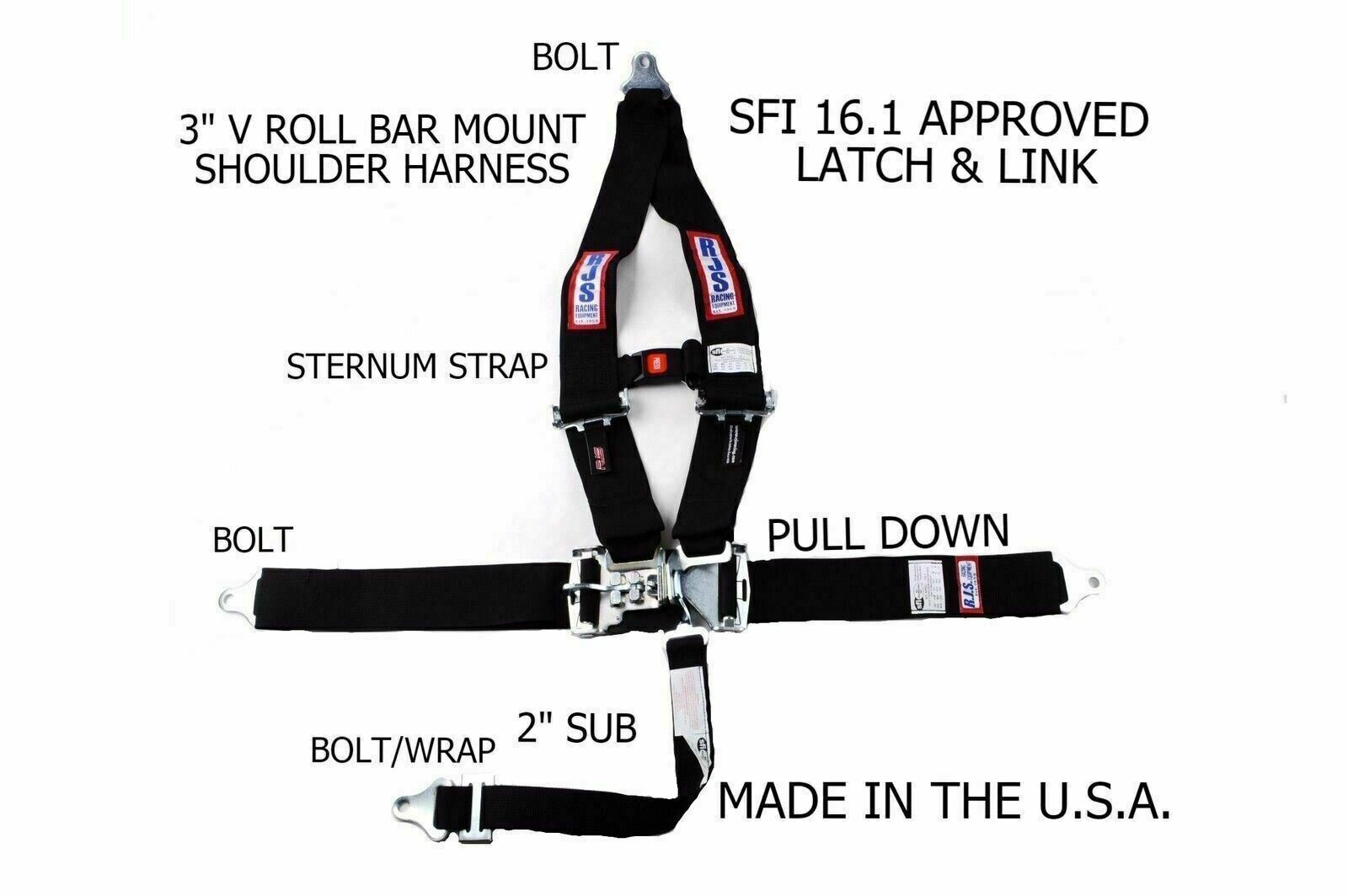 RJS SFI 16.1 5PT  LATCH & LINK V ROLL BAR STERNUM STRAP BELT BLACK