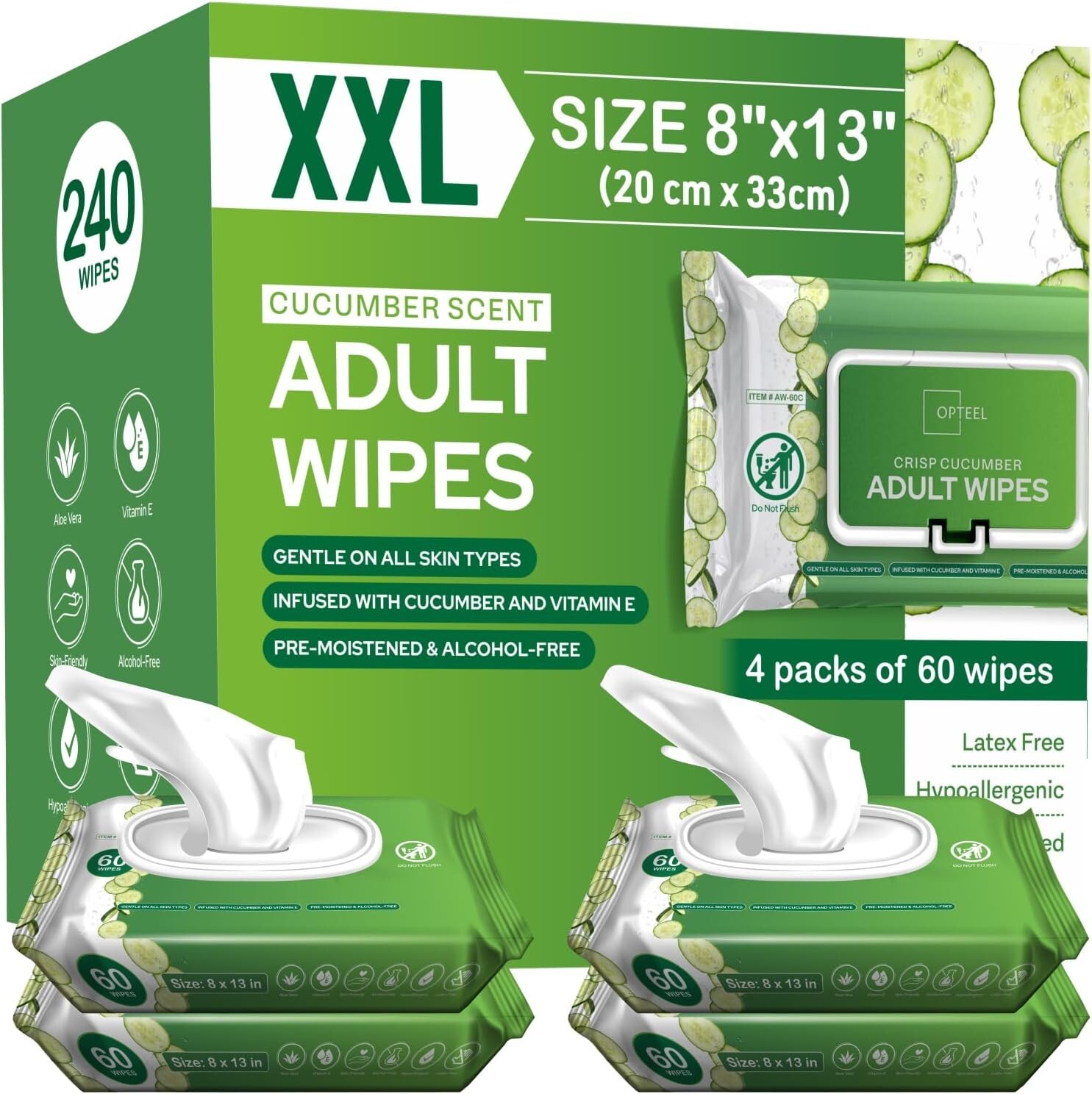 Adult Wipes For Elderly Softly Scented - 8x13" 240ct (4 Packs of 60)