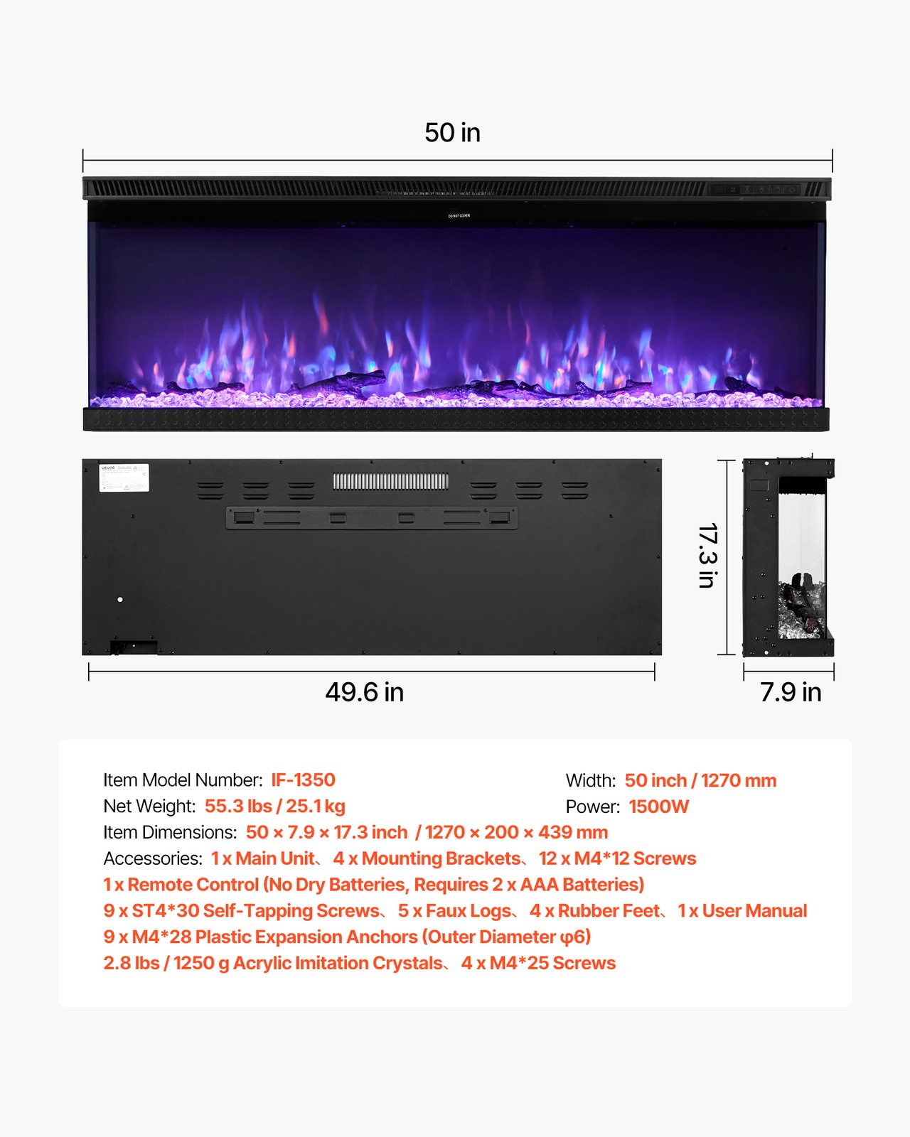 VEVOR 50 inch Electric Fireplace Three Sided Glass Wall Mounted Recessed 1500W