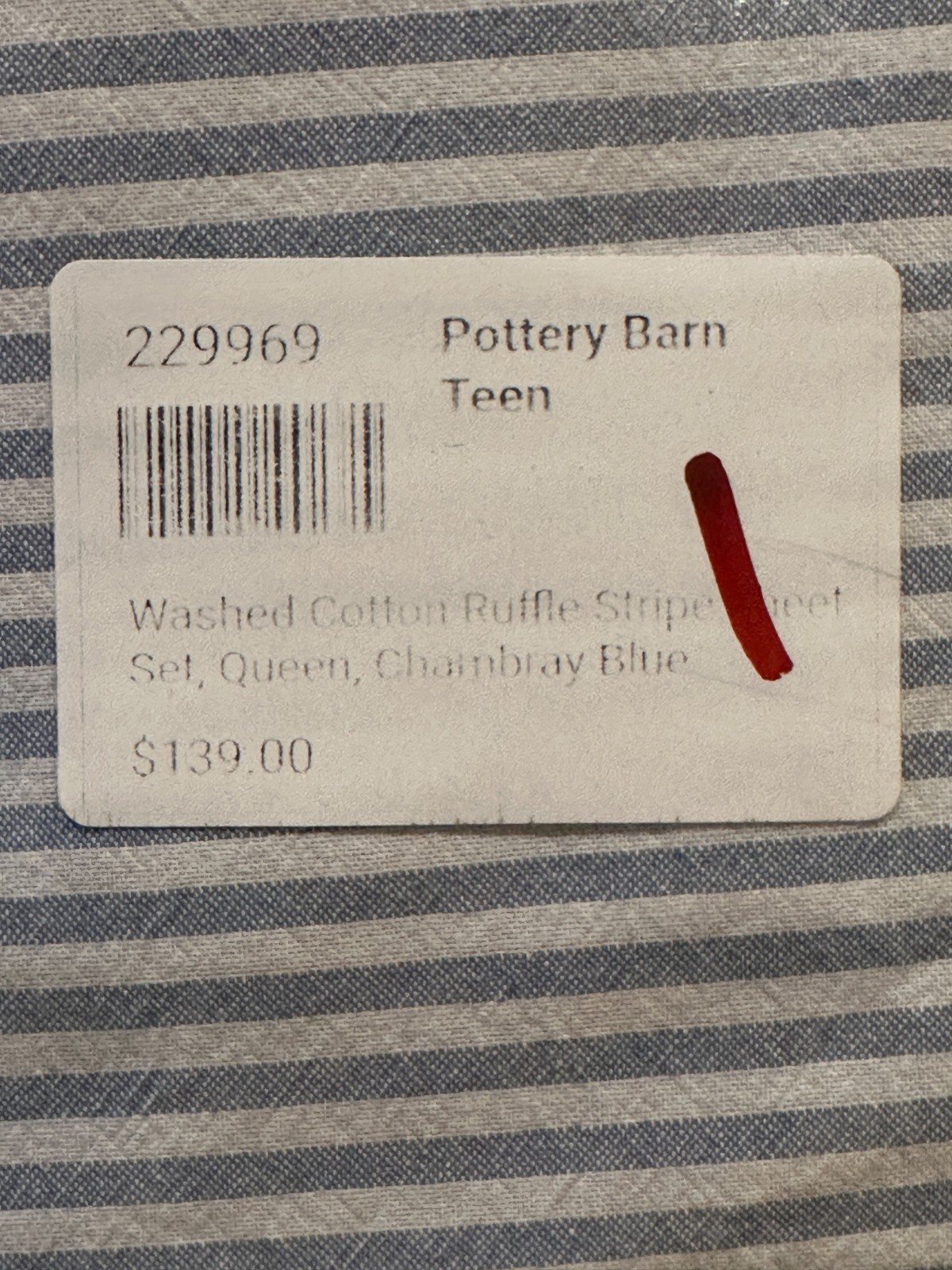 Pottery Barn Teen WASHED COTTON RUFFLE STRIPE QUEEN SHEET SET CHAMBRAY BLUE NEW