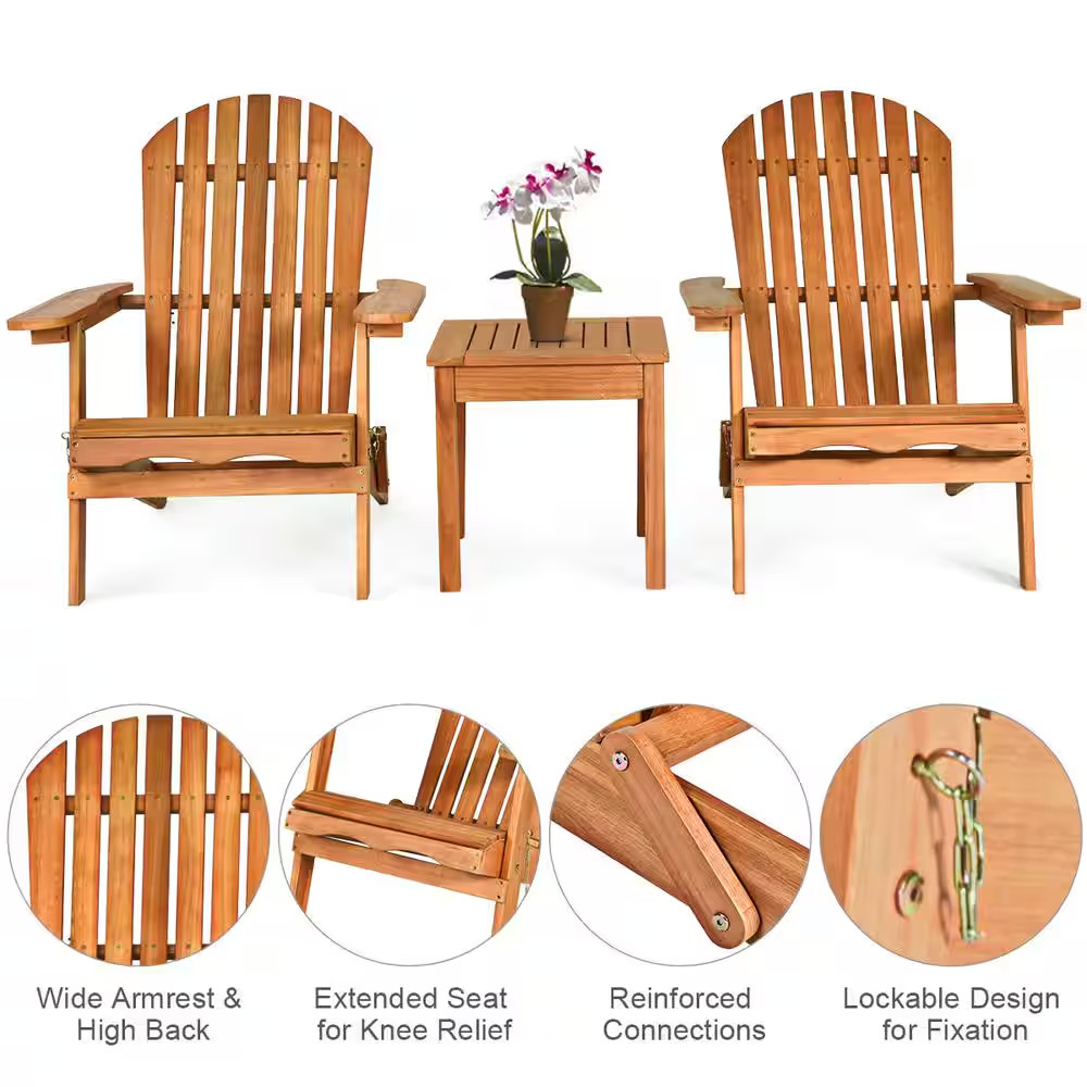 3 Piece Wooden Adirondack Patio Conversation Chair Table Set Folding Seat Furnit
