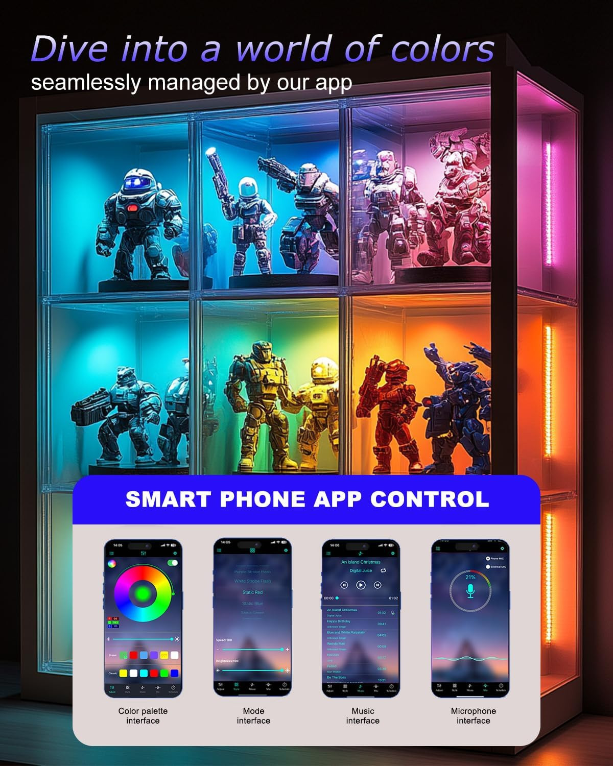 Color Cabinet Lighting, 4Pcs 12" Linkable RGB LED Light Bar Kit for Display Cabi