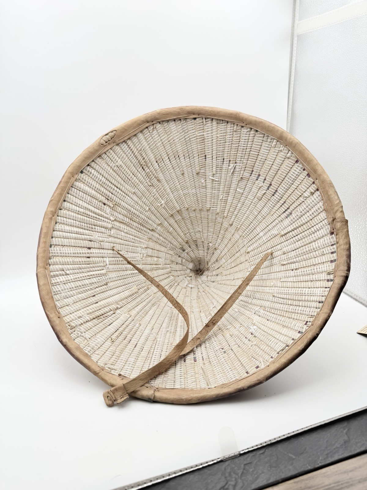 African Fulani Worn Straw Woven Sun Conical Hat Vintage Straw & Leather