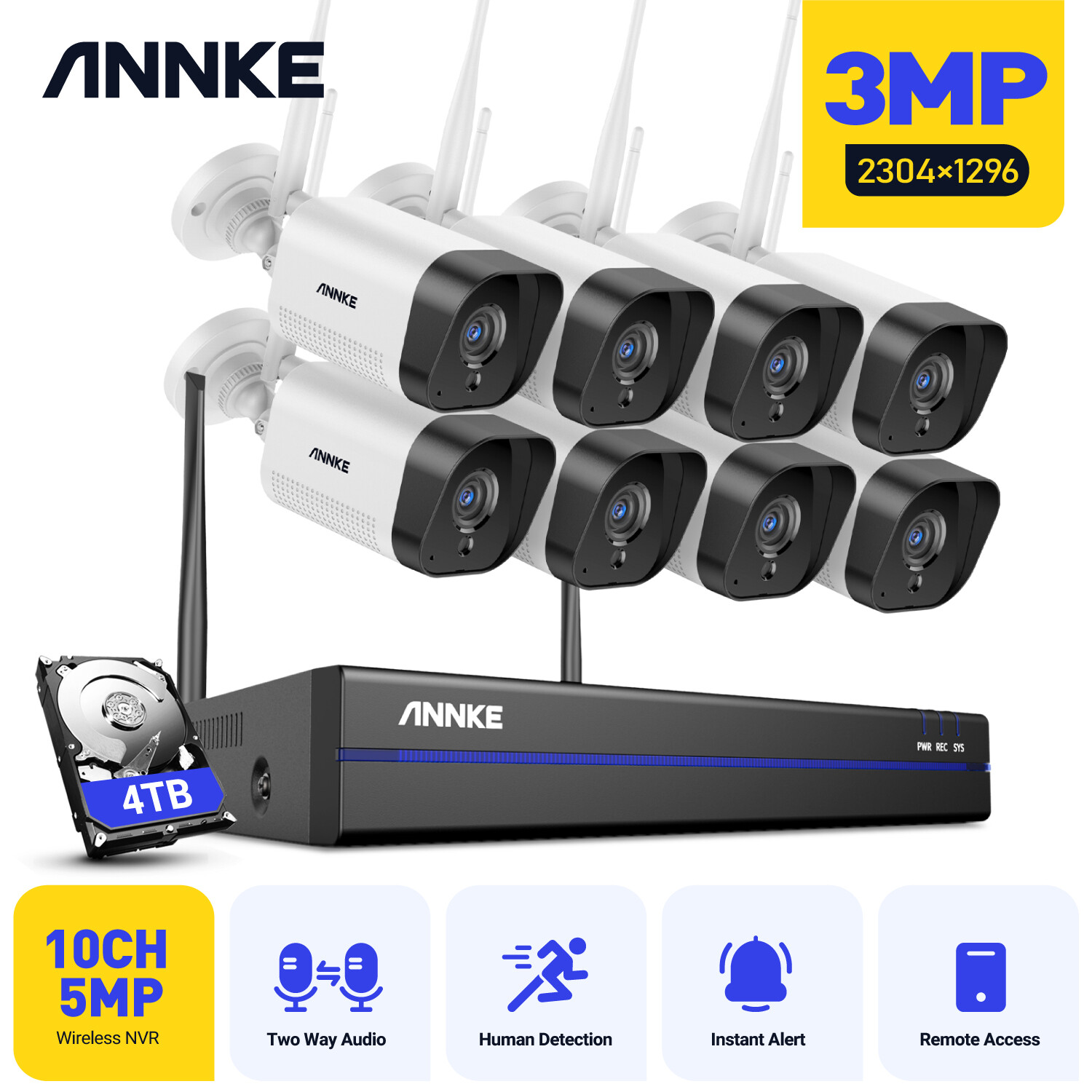 ANNKE Wireless 10CH 5MP NVR 3MP WiFi CCTV IP Security Camera System 2-Way Audio