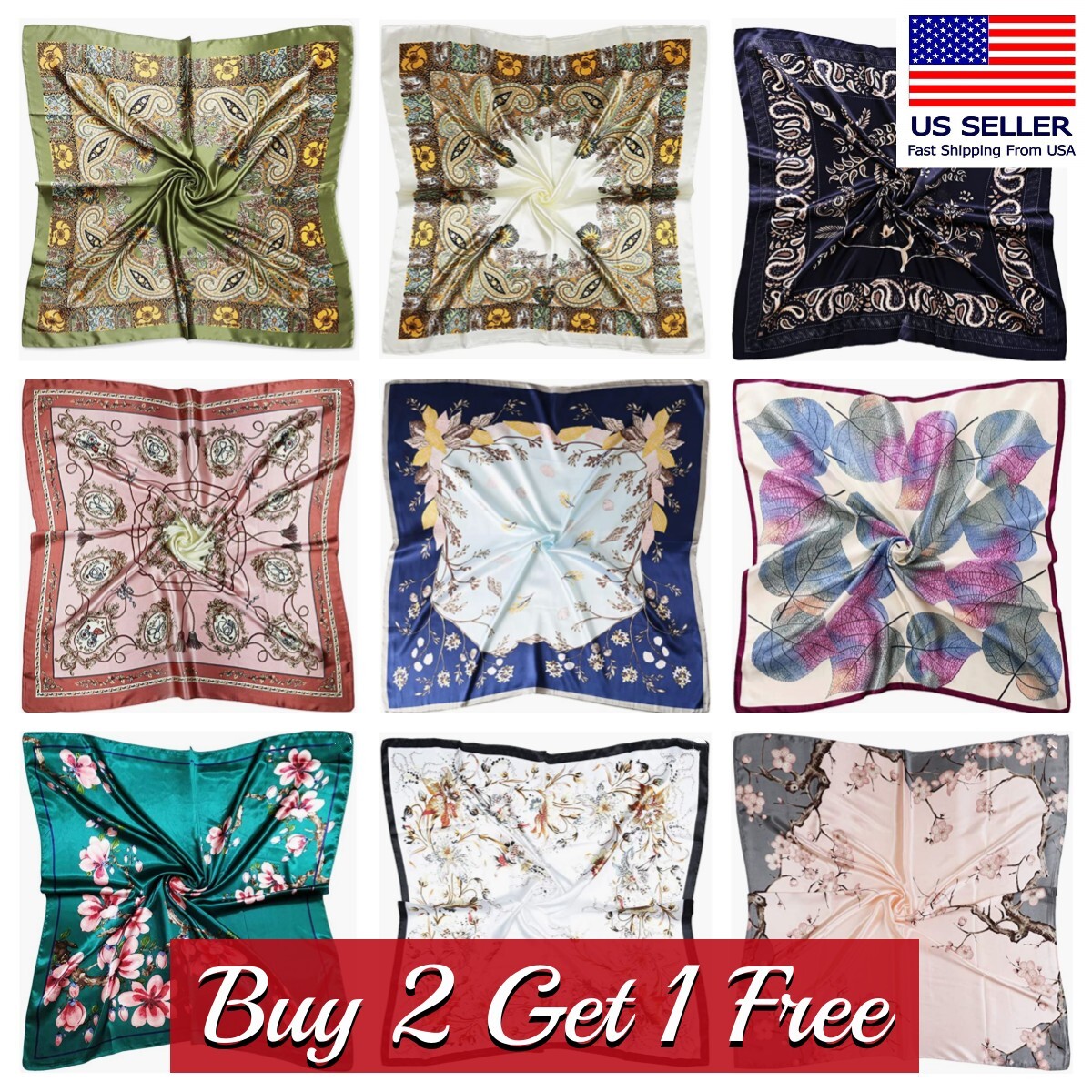 Large Square Silk Like Scarf Bandanna Satin Head Neck Scarf Wrap Shawl 35"x35"