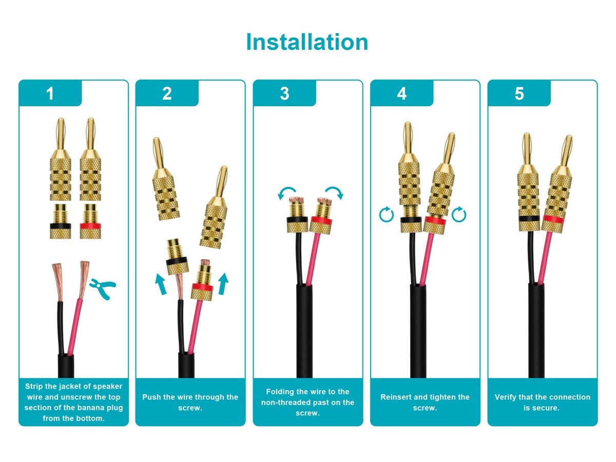 Monoprice High-Quality Gold Plated Speaker Banana Plugs - 5 Pairs - Closed Screw