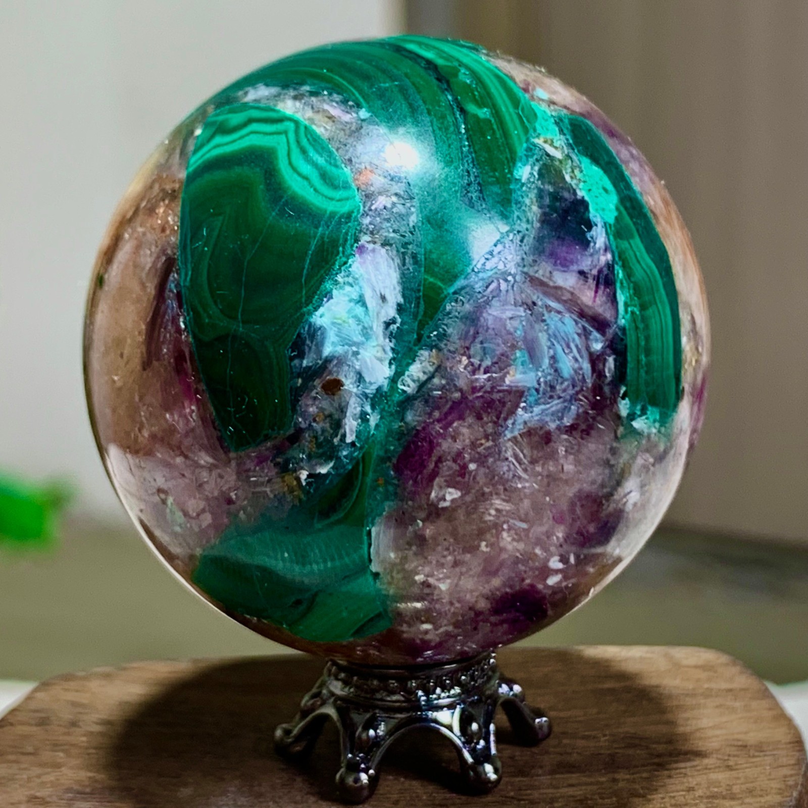 94G Newly discovered rare malachite purple mica symbiotic sphere restoration