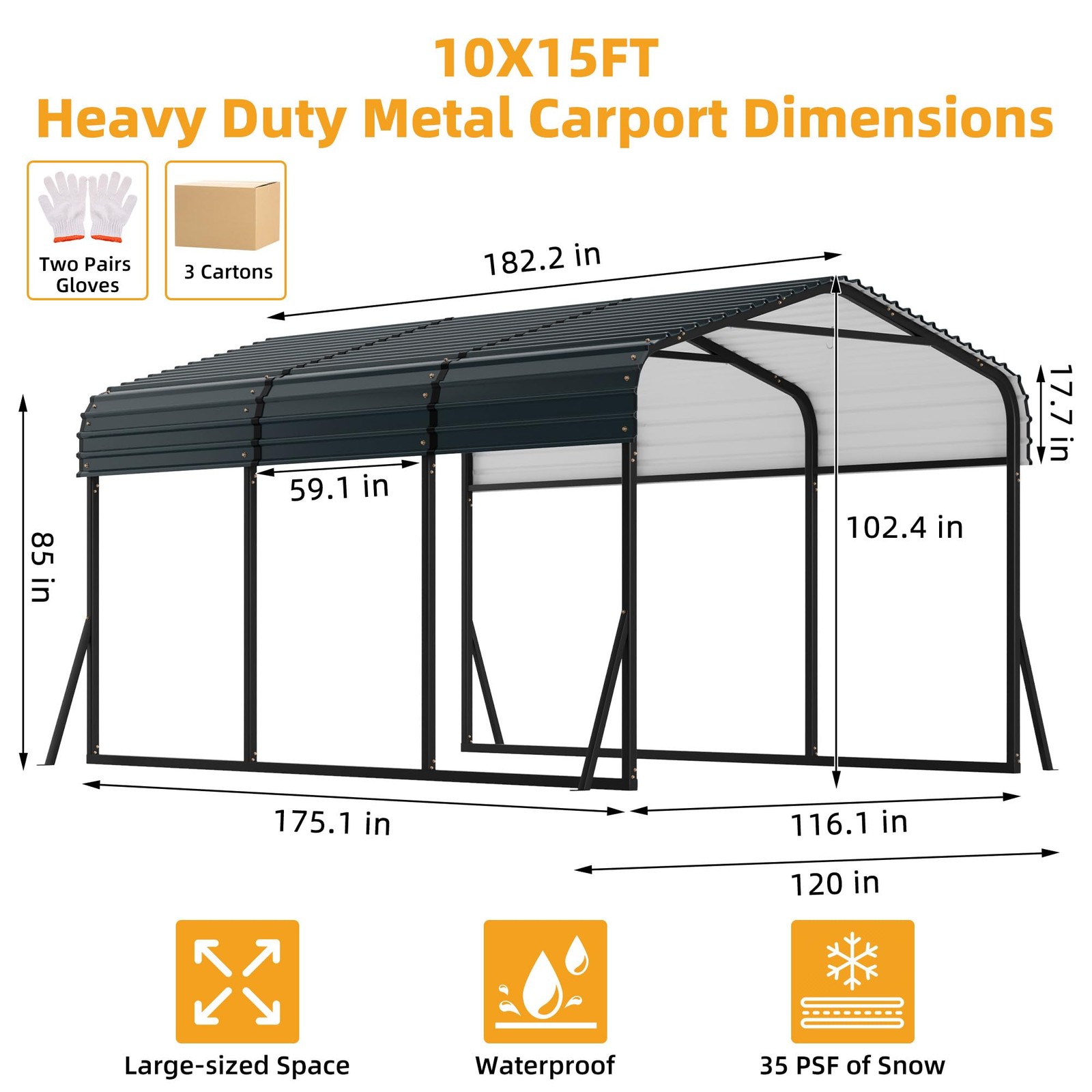 10'x15' Metal Carport, Heavy Duty Galvanized Steel Roof Canopy Car Shelter Truck