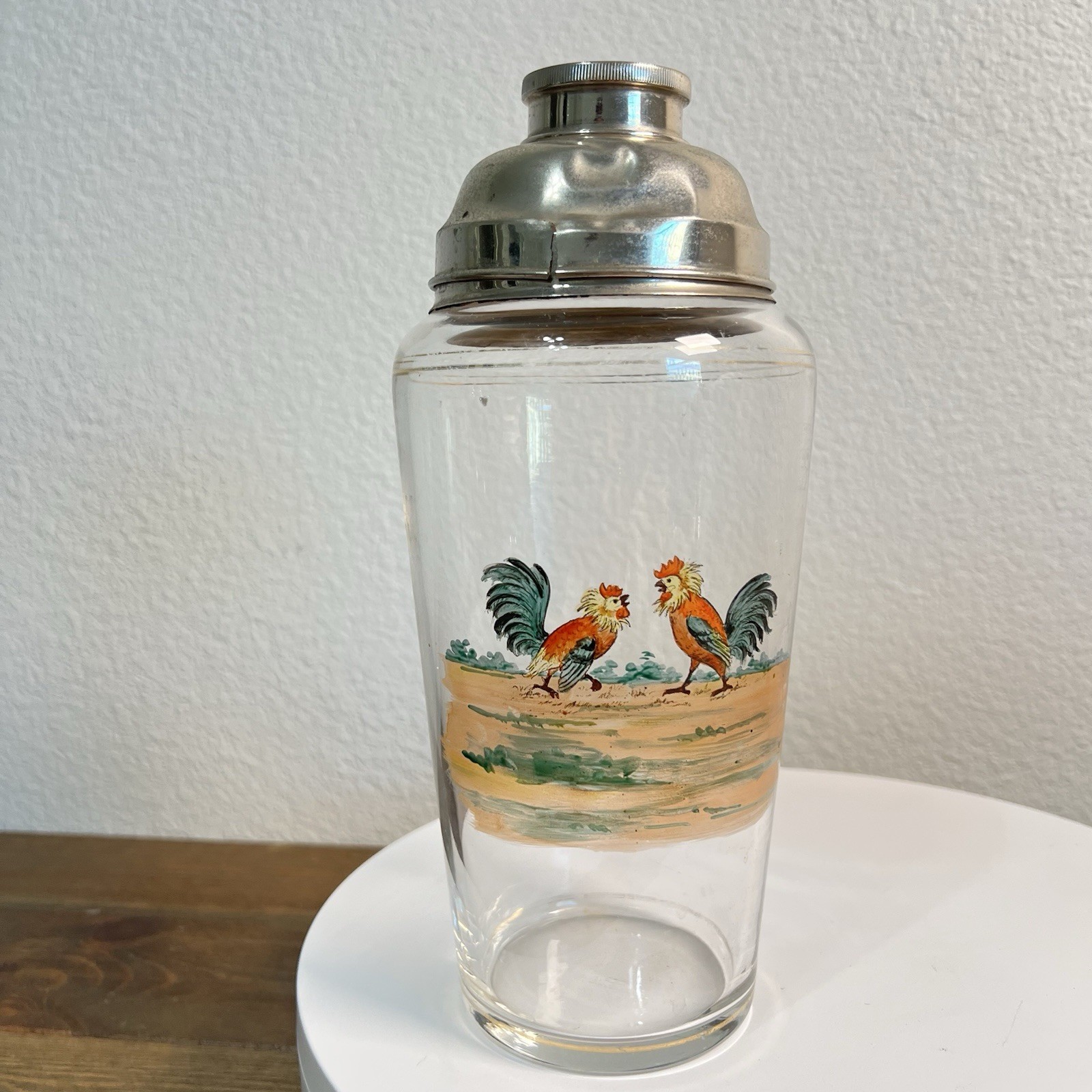 1940s Cocktail Shaker Hand-painted Rooster Silver Plated Vintage Art Deco 9"