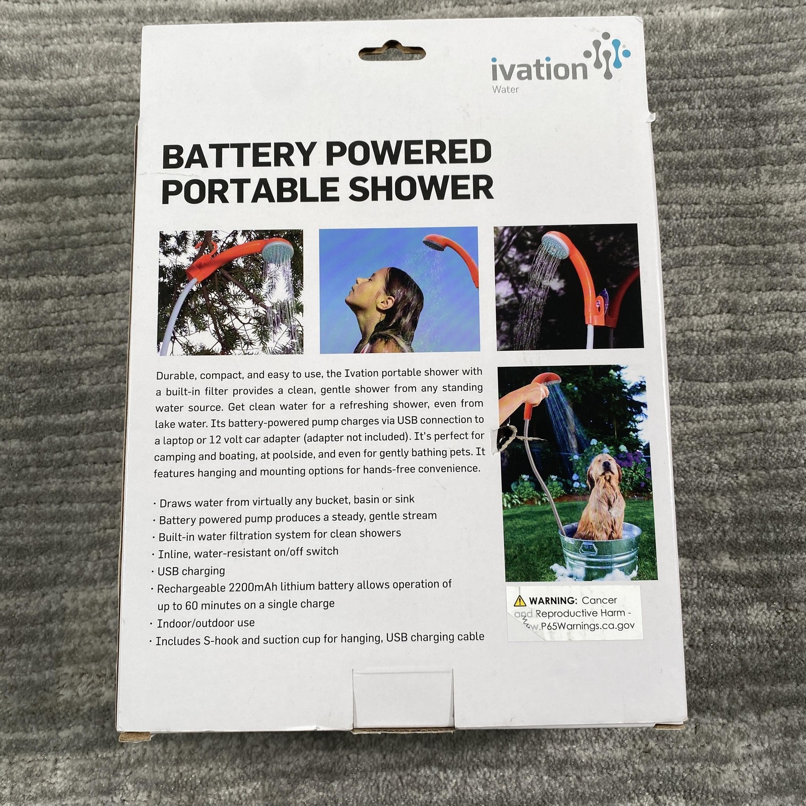 Ivation Battery Powered Portable Shower USB Rechargeable Camping Outdoor Travel