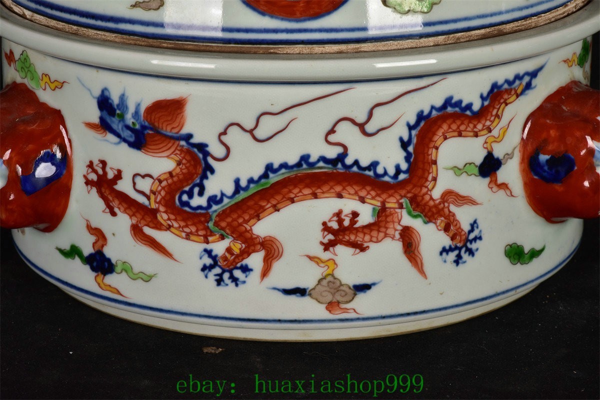 10.2"Wucai Porcelain Dragon Loong Beast Phonix Tiger Head incense burner Censer