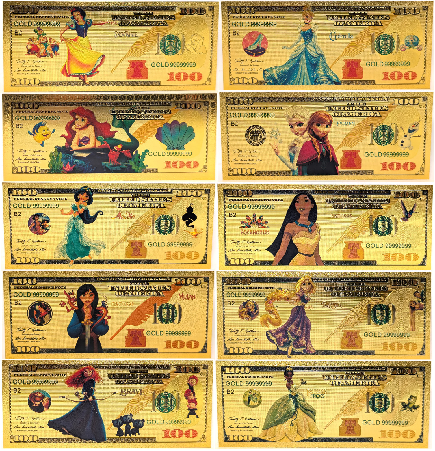 Disney Princess 10 Notes Set 24K Gold Plated Foil Bills Ariel Elsa Snow - XS17
