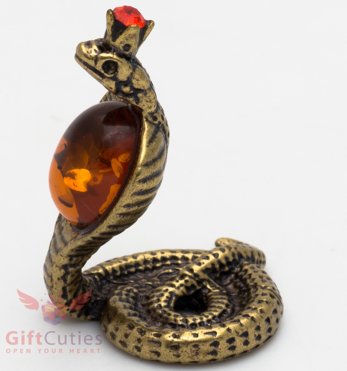 Solid Brass Amber Figurine Amulet Hood Flared Indian Cobra Snake IronWork