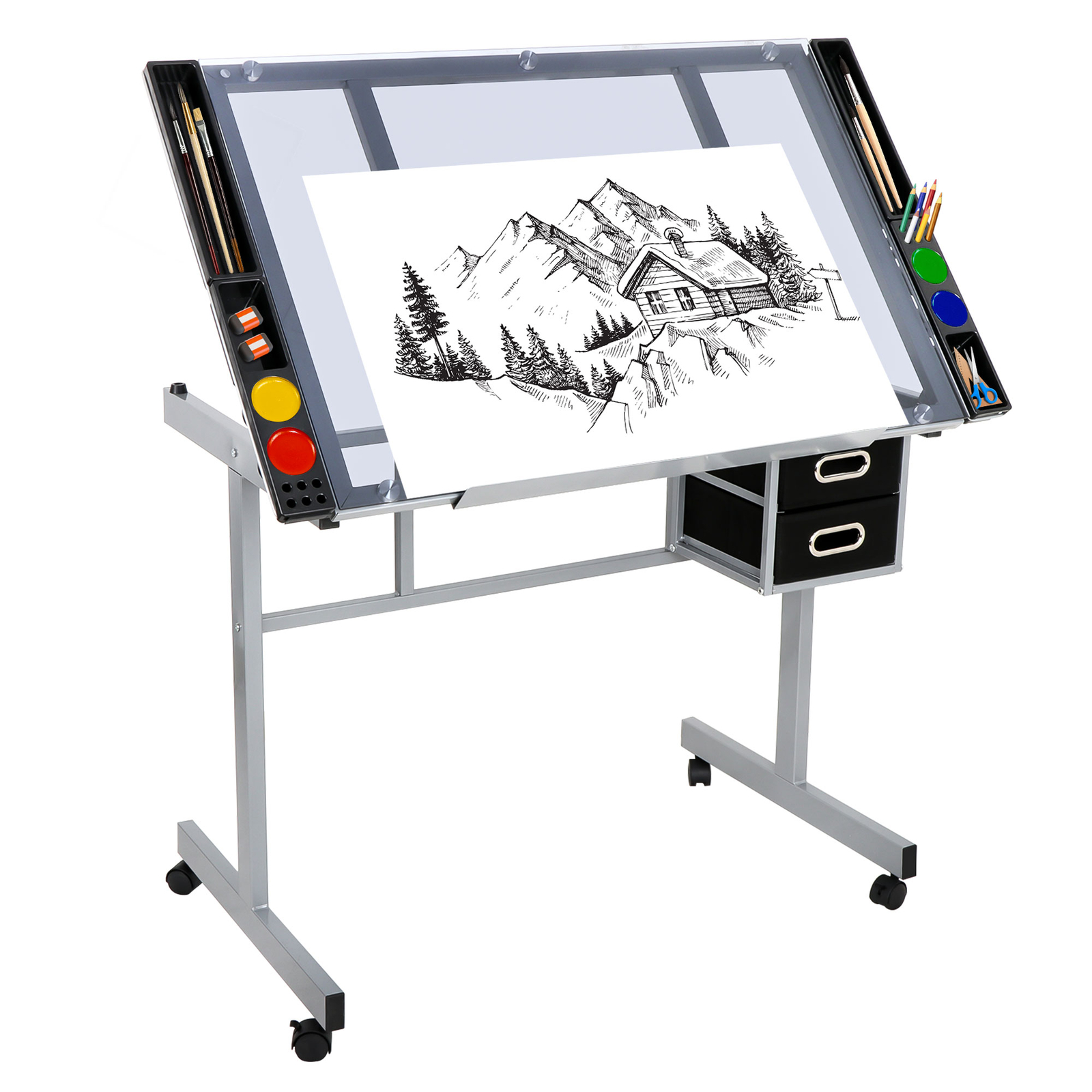 Rolling Drawing Drafting Table Tempered Glass Desktop Saving Space for Work