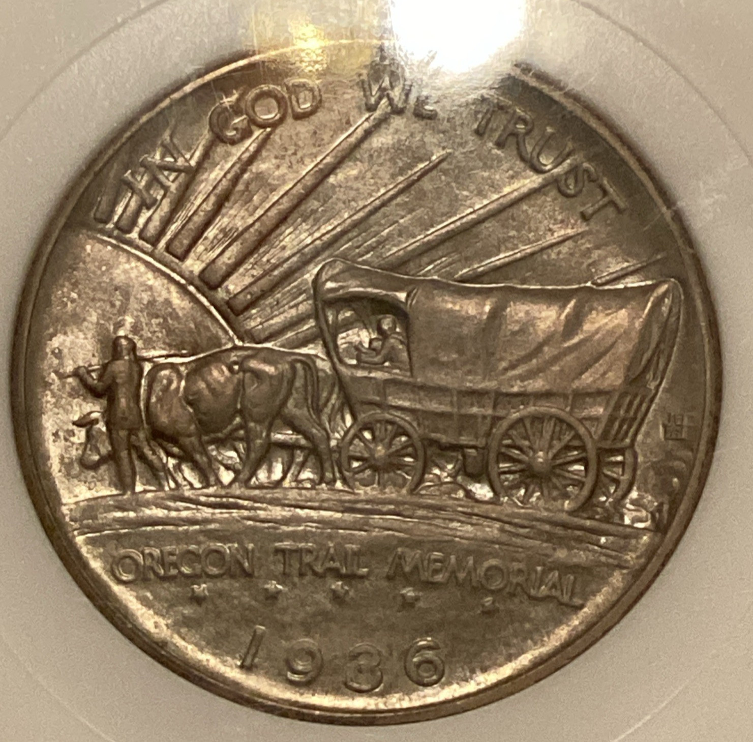 1936 NGC MS 65 OREGON TRAIL Silver Commemorative Toned Coin Fatty Holder