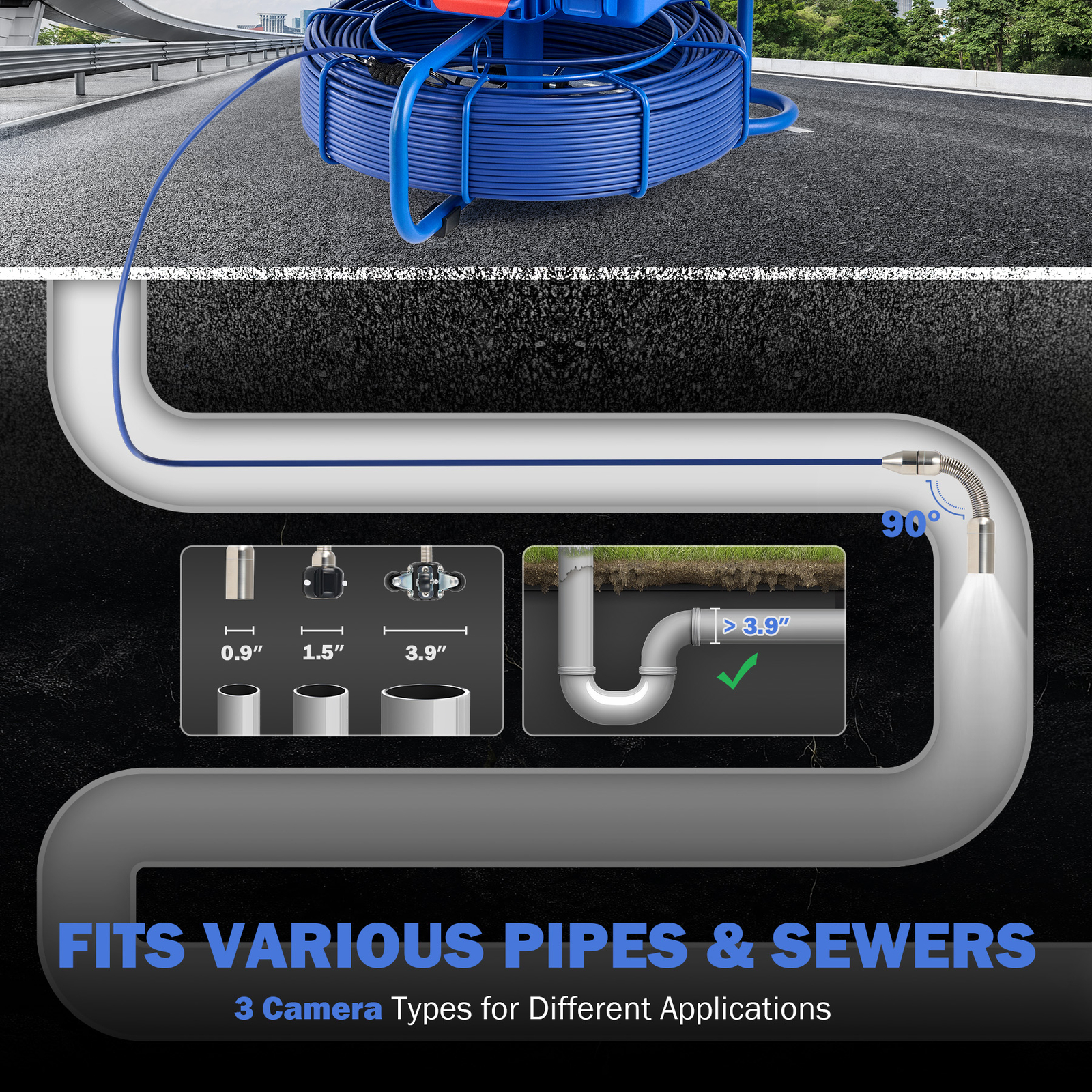 9" Self-Leveling Sewer Inspection Camera 512Hz 230ft/70m Digital Length Counter