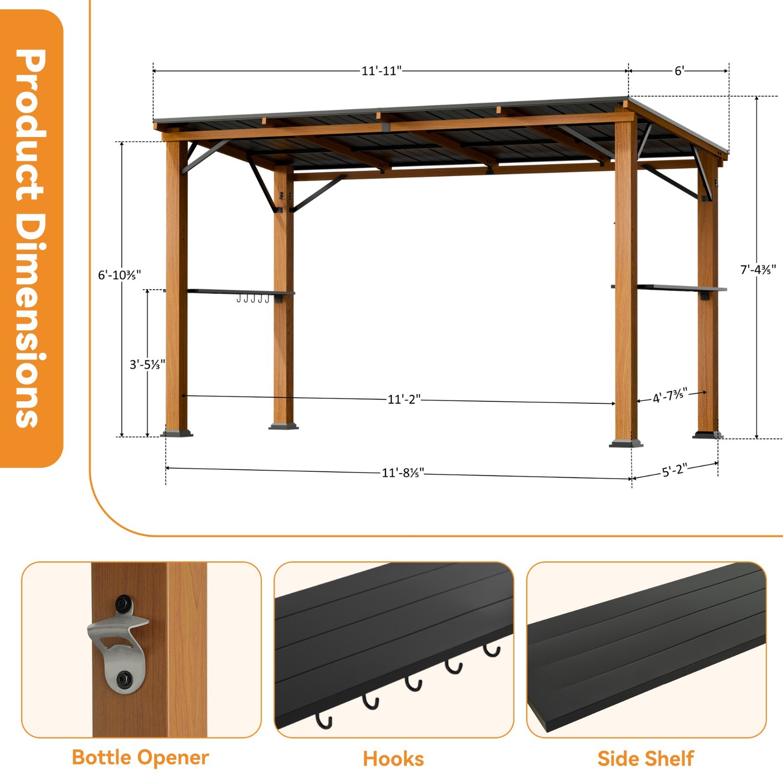6'x12' Wooden Hardtop Grill Gazebo Steel Roof with Side Shelf and Bottle Opener