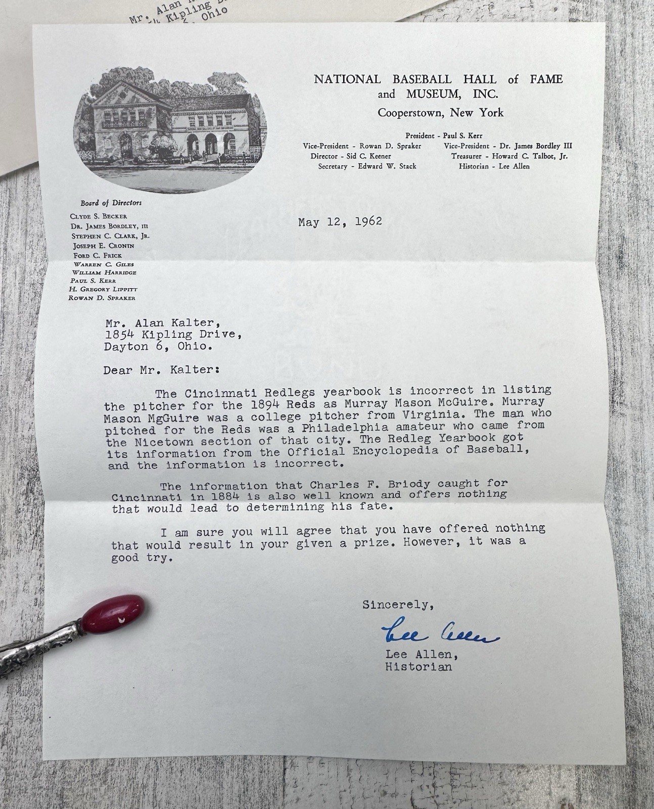 Baseball Hall of Fame Letter 1962 Signed Lee Allen Historian Cooperstown Sports
