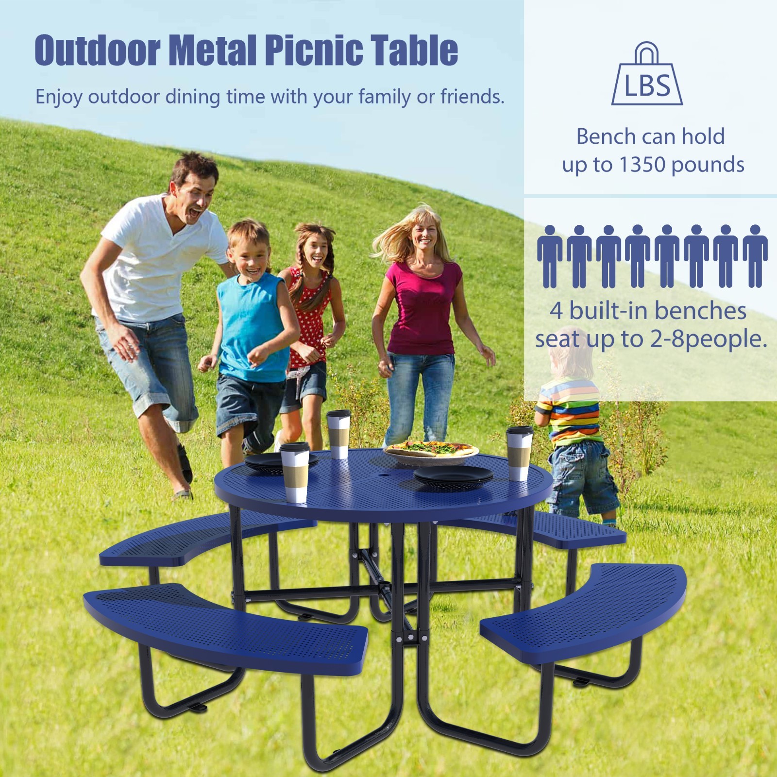 8 Seater Round Garden Picnic Table Set with Parasol Hole & 4 Benches