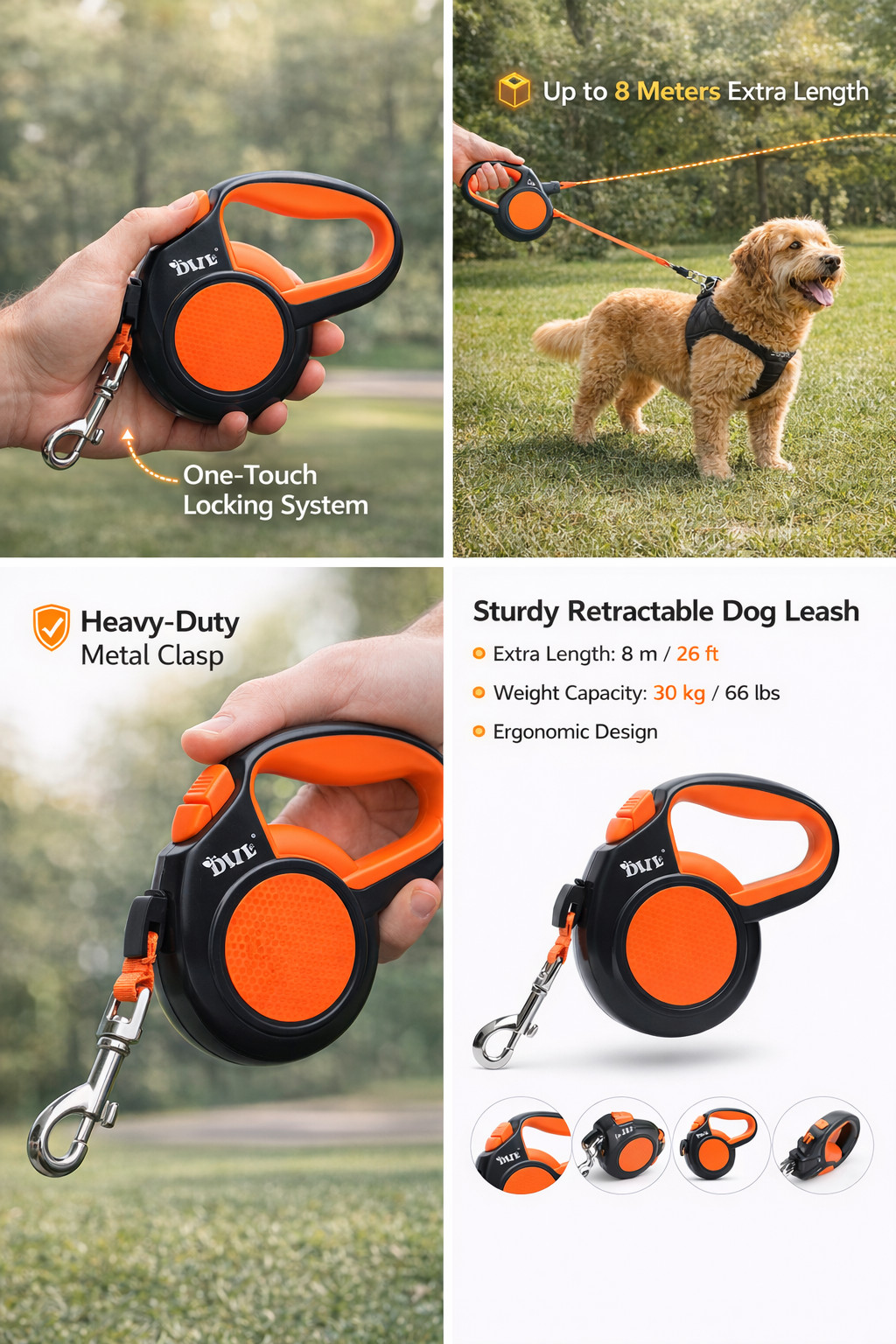 8M Retractable Dog Leash Heavy Duty 30KG Extension Lead - Orange/Black