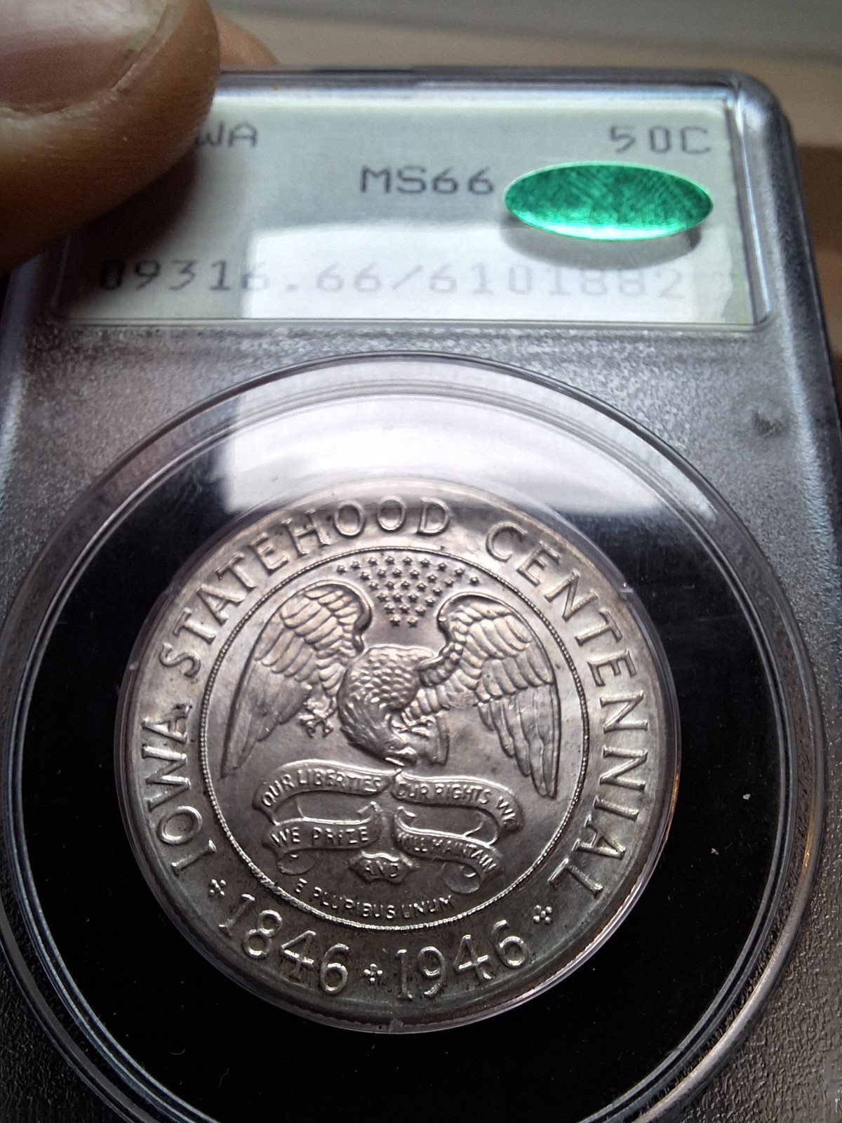 1946 50C PCGS MS66 CAC Rattler OGH Iowa Centennial Commemorative Half Dollar