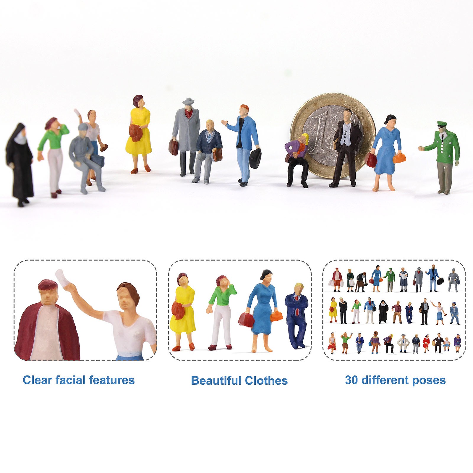 60pcs Different Poses HO Scale 1:87 Well Painted Standing Seated People Figures