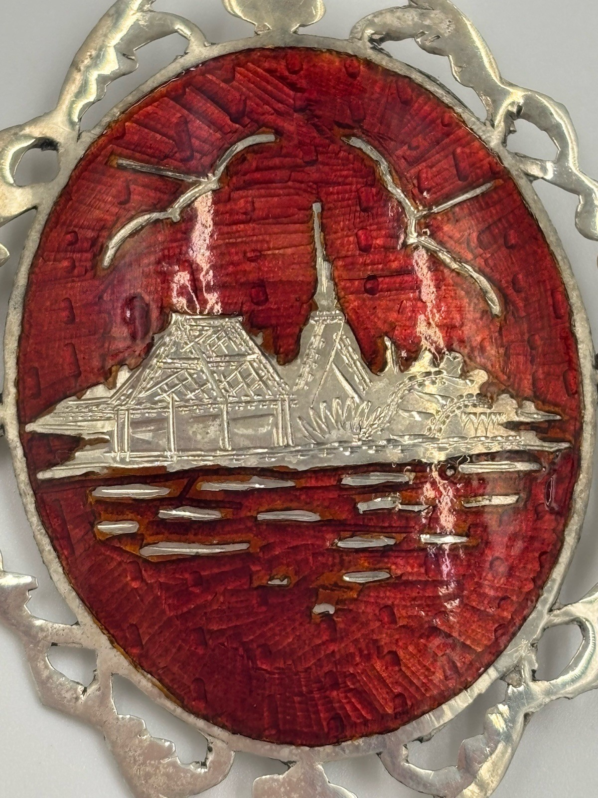 Vintage Siam 925 Sterling Silver Niello Red Enamel Temple Brooch