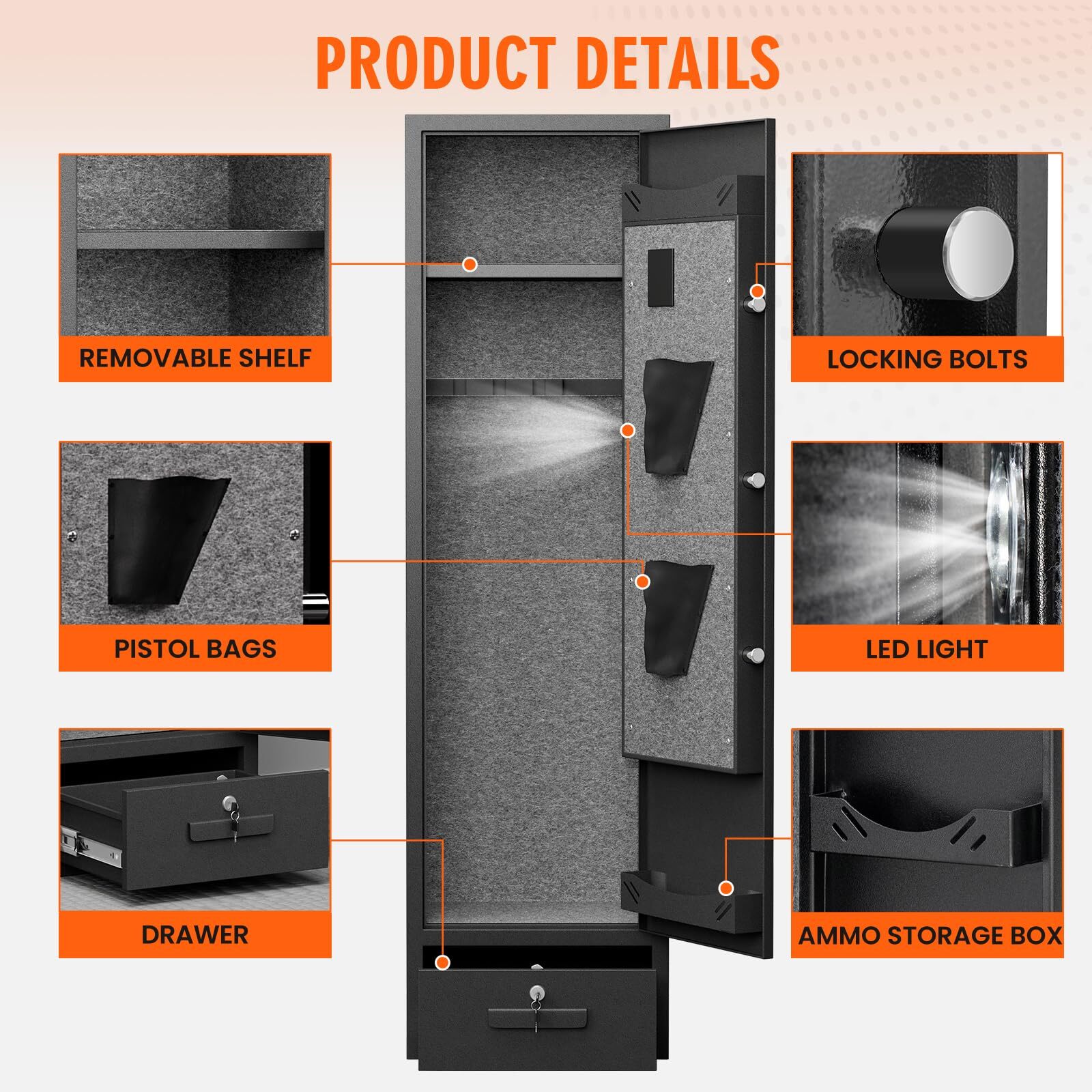 4-5 Gun Rifle Safe for Home Rifle and Pistols, Biometric Gun Safe with Drawer