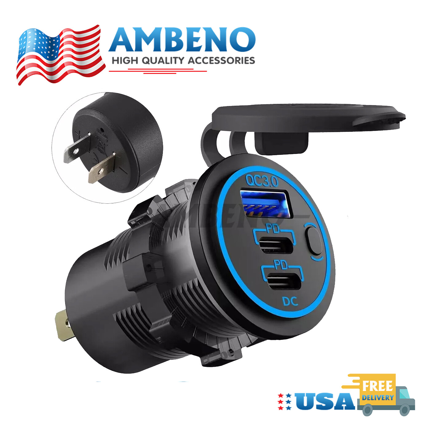 12V-24V QC3.0 + PD USB C Car Fast Charger Power Socket Outlet for Boat RV Marine