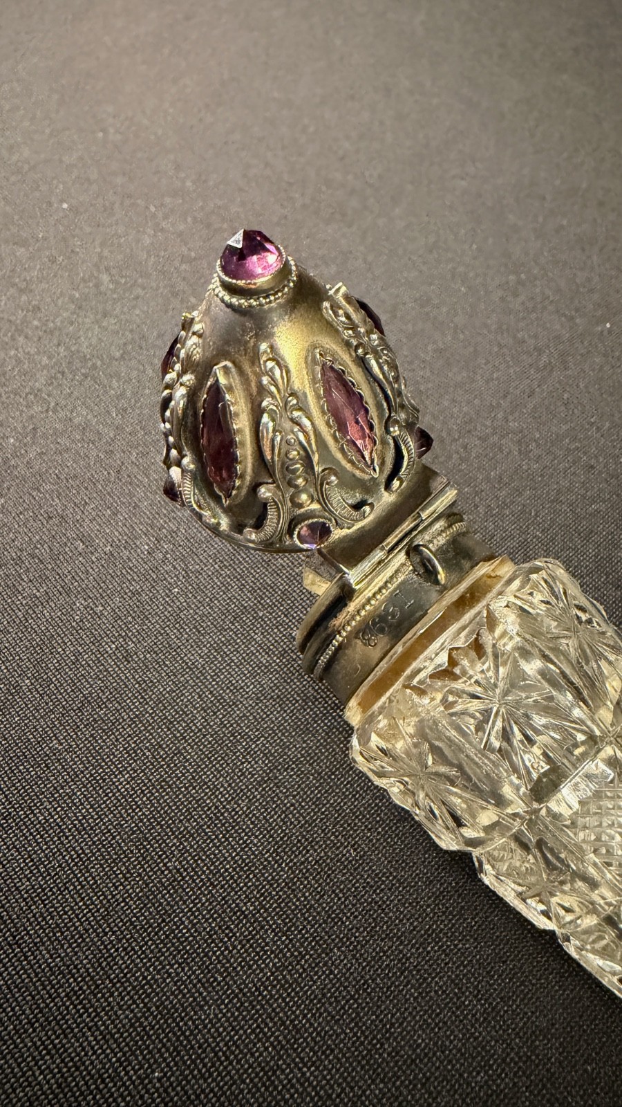 Rare Victorian Sterling with Faceted Amethyst Stones & Cut Cyrstal Scent Bottle