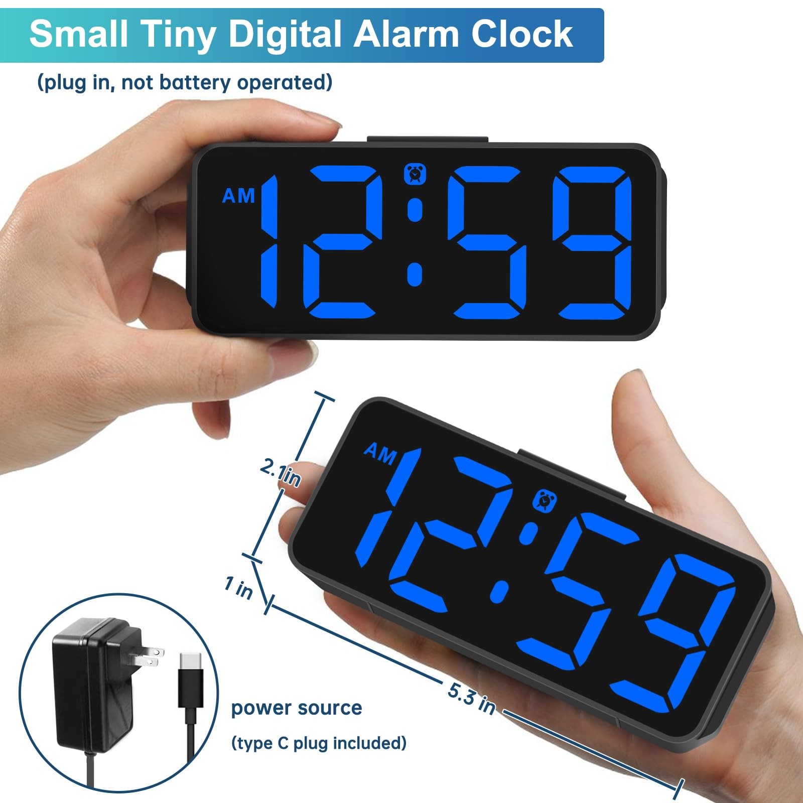 Small Digital Alarm Clock Plug in for Bedrooms Bedside, Tiny Electric Clock