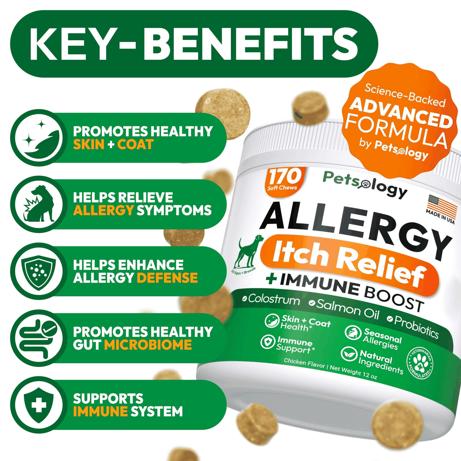 Dog Allergy Relief Chews 170 Treats Itch Relief for Dogs Omega 3 Fish Oil