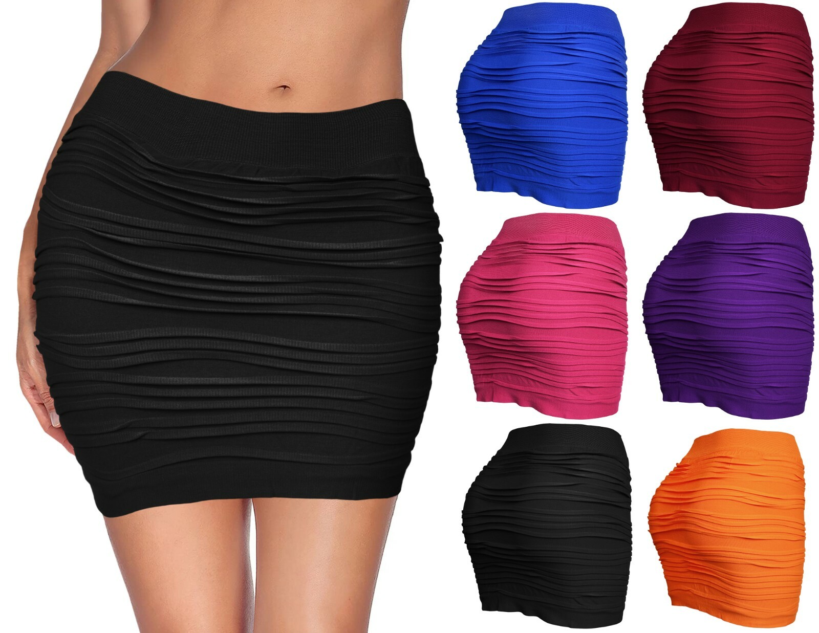 Womens Mini Stretch Skirt Seamless Solid Basic Striped Pleated Bodycon Skirt