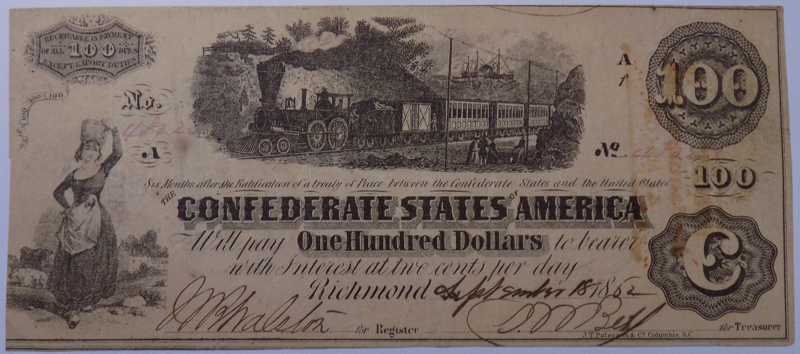 1862 $100 Confederate States of America Train T-40 mid VF