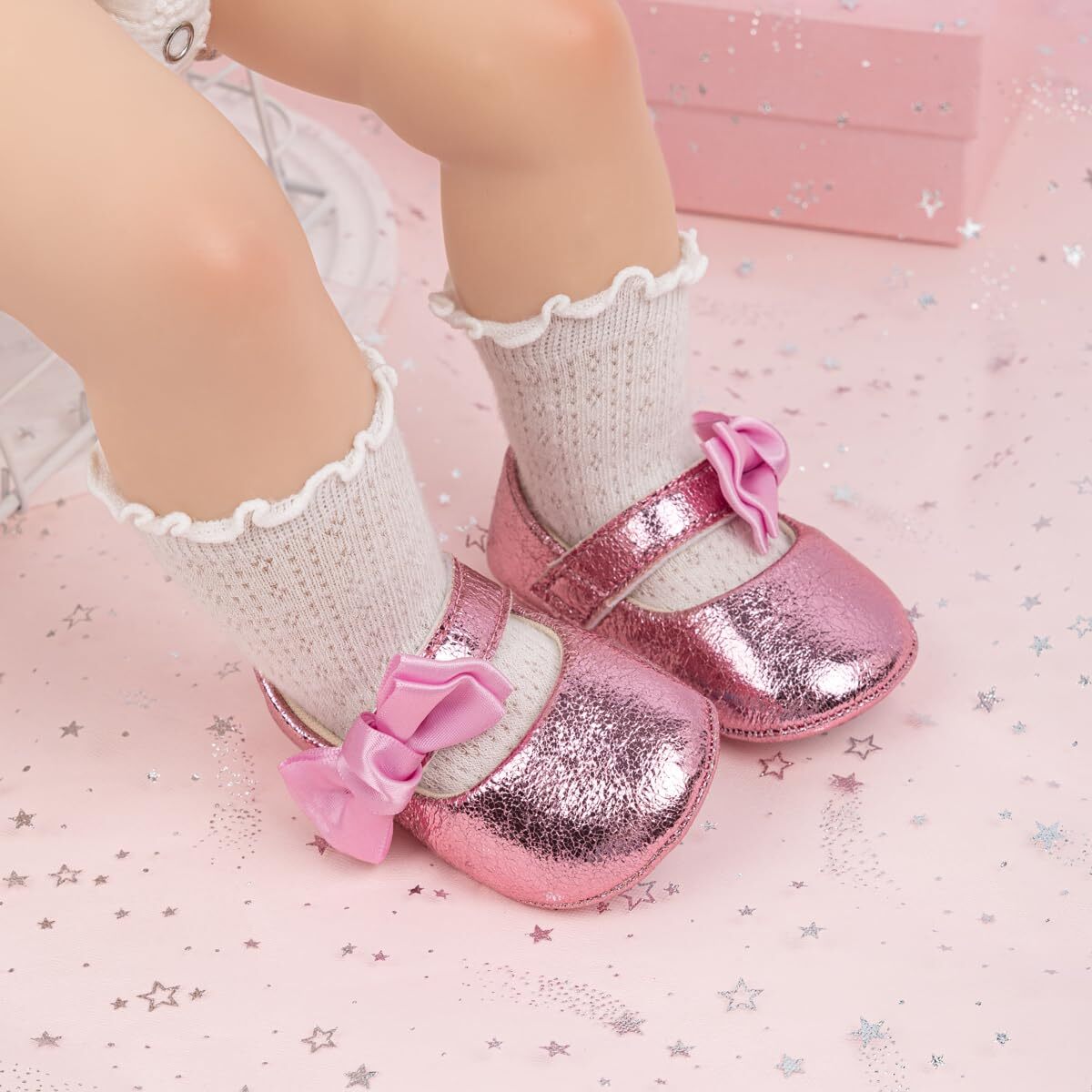 Baby Girls Mary Jane Flats Non-Slip Bowknot Crib Shoes (HM5313 Gold,12)