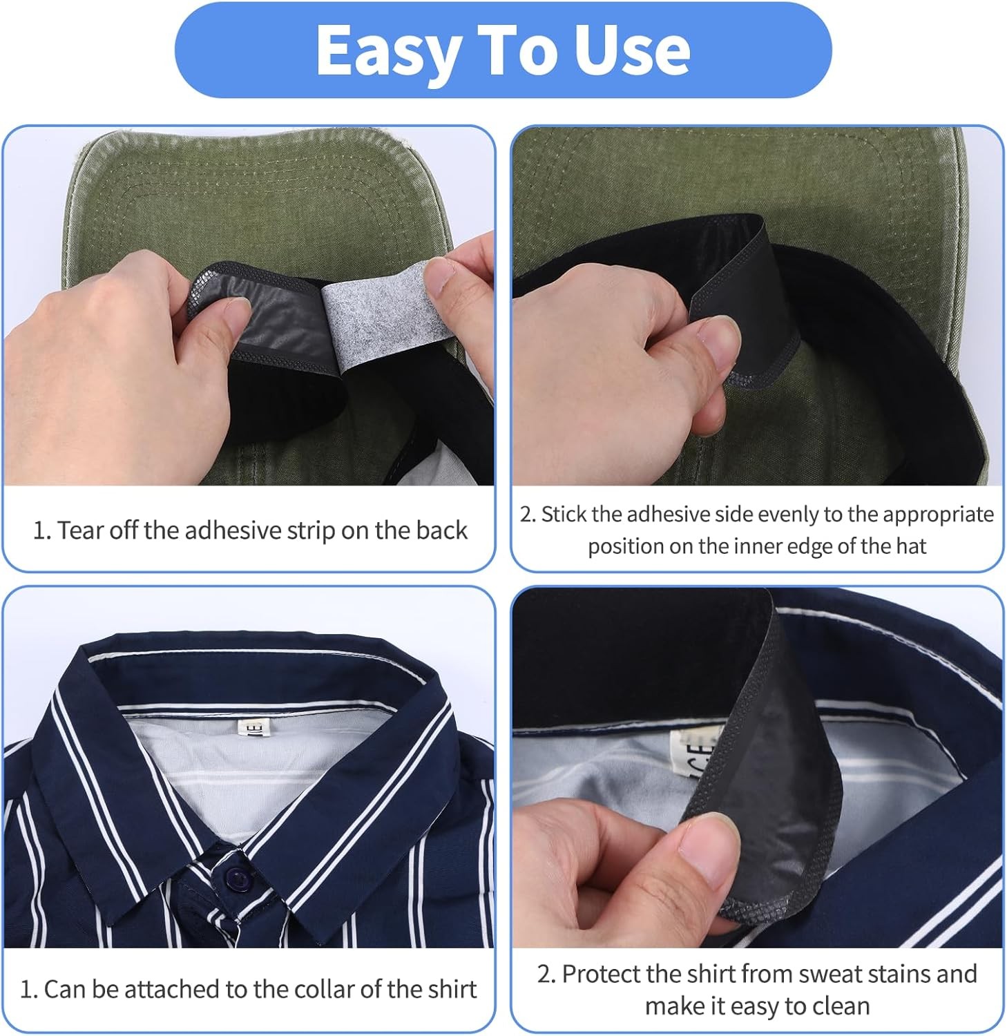 60 PCS Hat Sweat Liner,Prevents Stains Absorbent Shields Protector Black