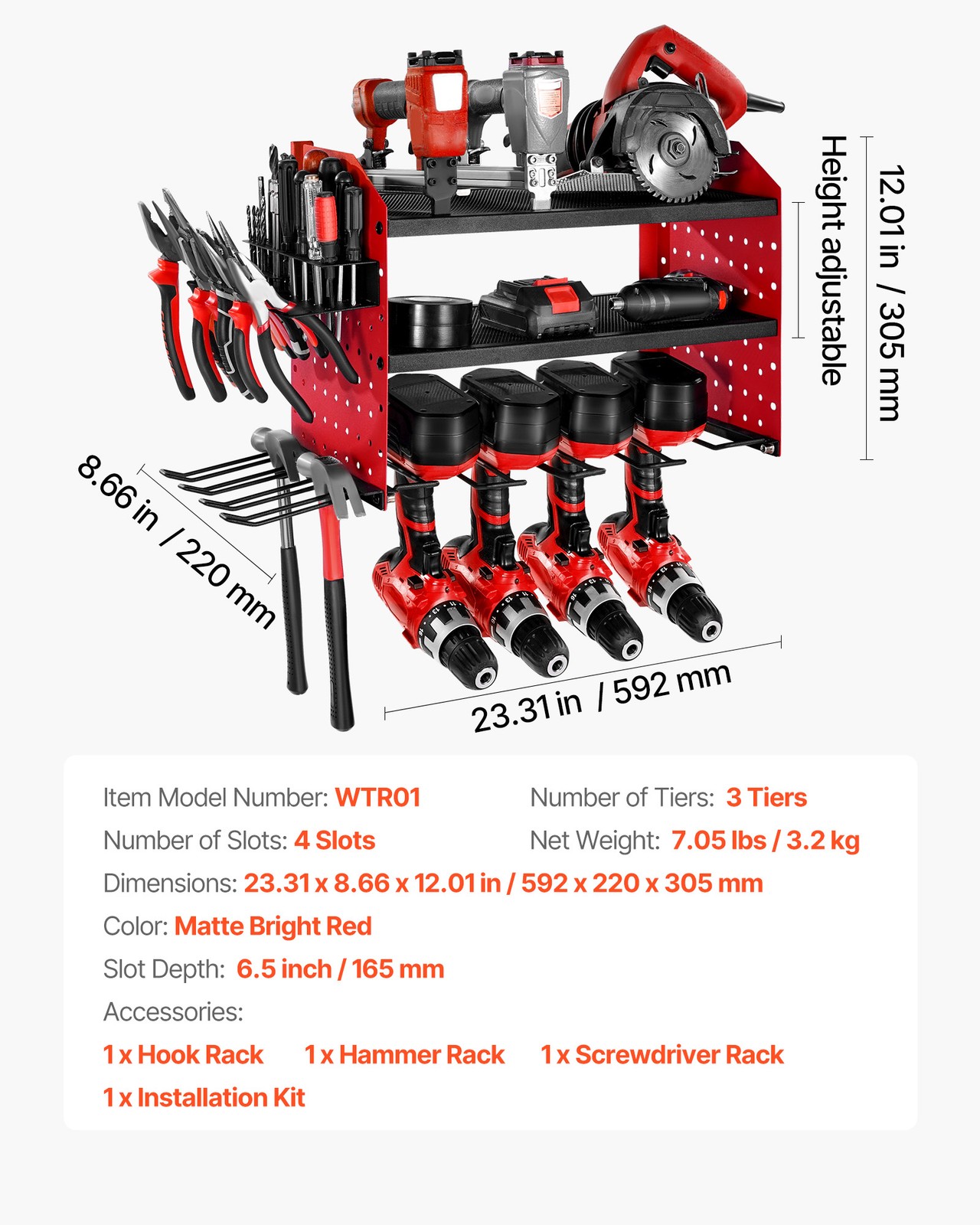 VEVOR Power Tool Organizer Wall Mount 3-Layer Drill Storage Rack 4 Drill Holders