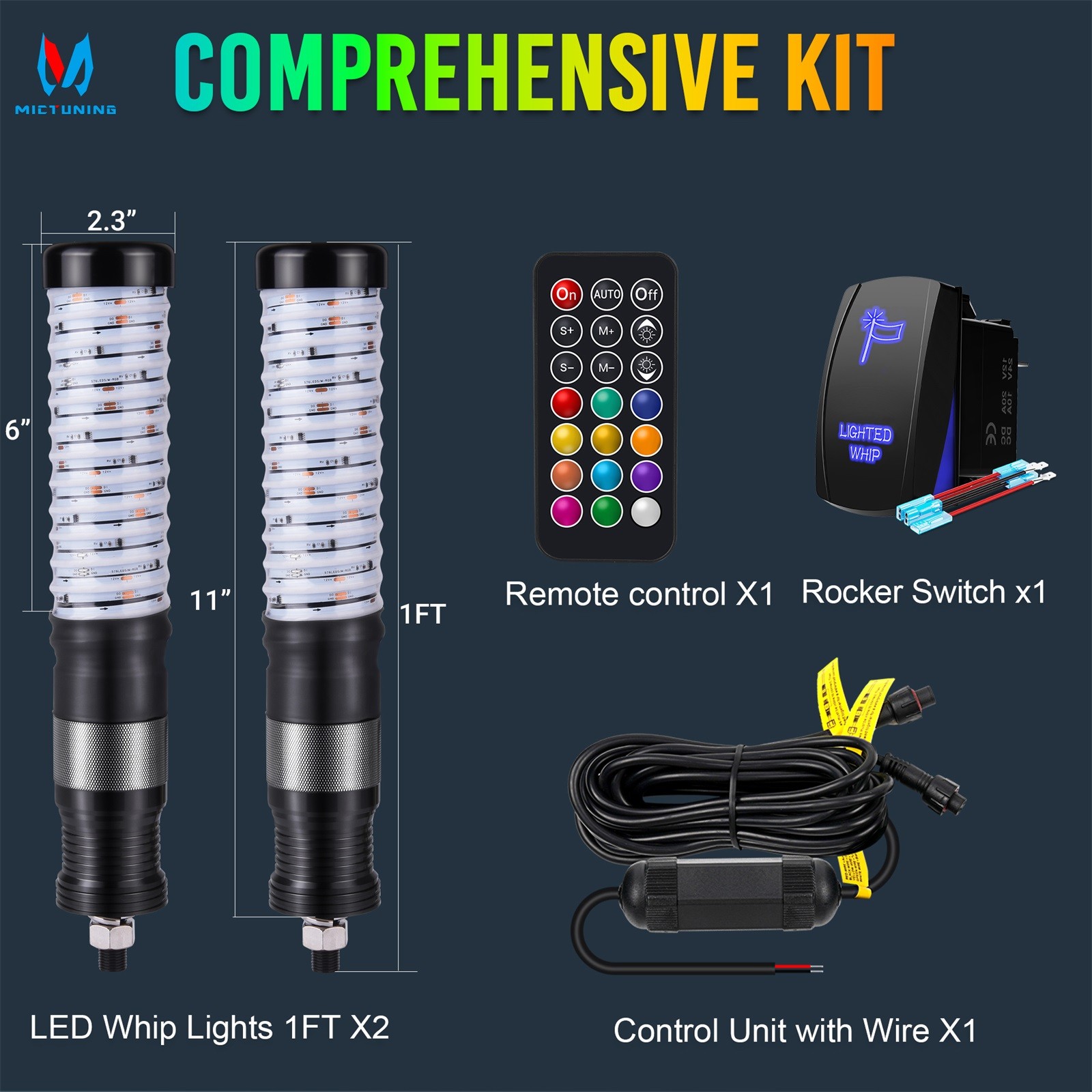 2pcs 1FT COB Fat Whip Light,RGB+IC Chasing Antenna Whips for ATV UTV SXS RZR