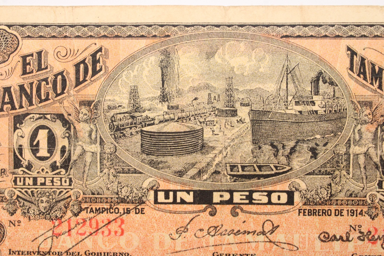 Banco De Tamaulipas Mexico Scarce 1914 1 Peso Note. #0516