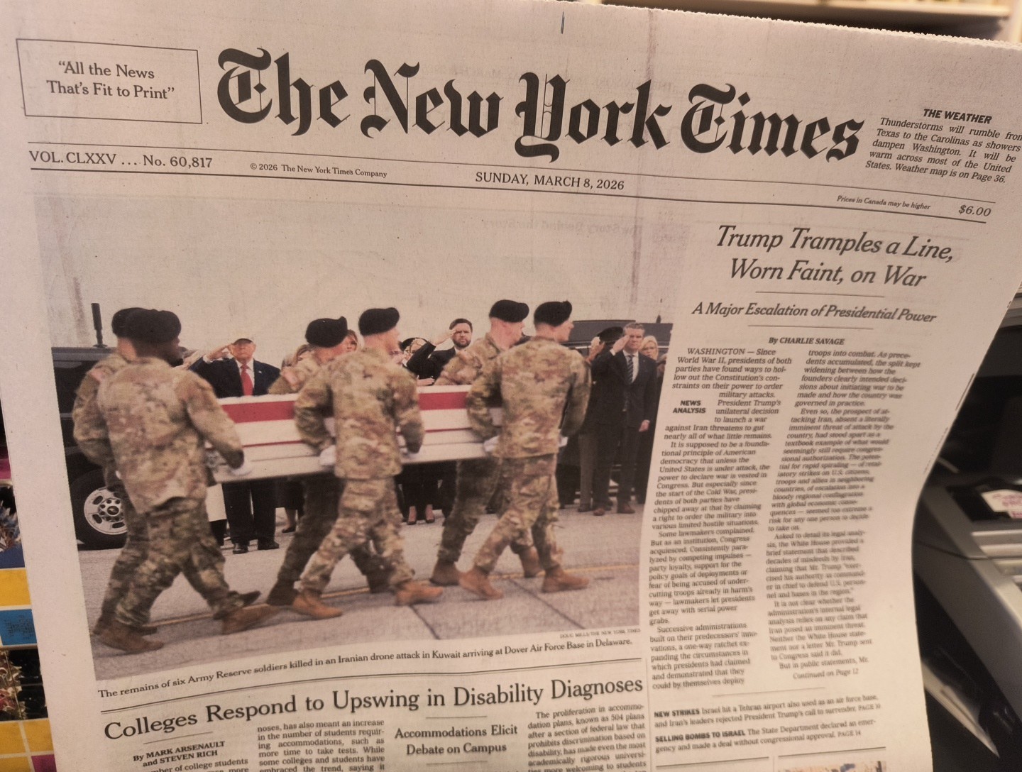 The New York Times Sunday March 8 2026 Trump Tramples a Line Worn Faint,  on War