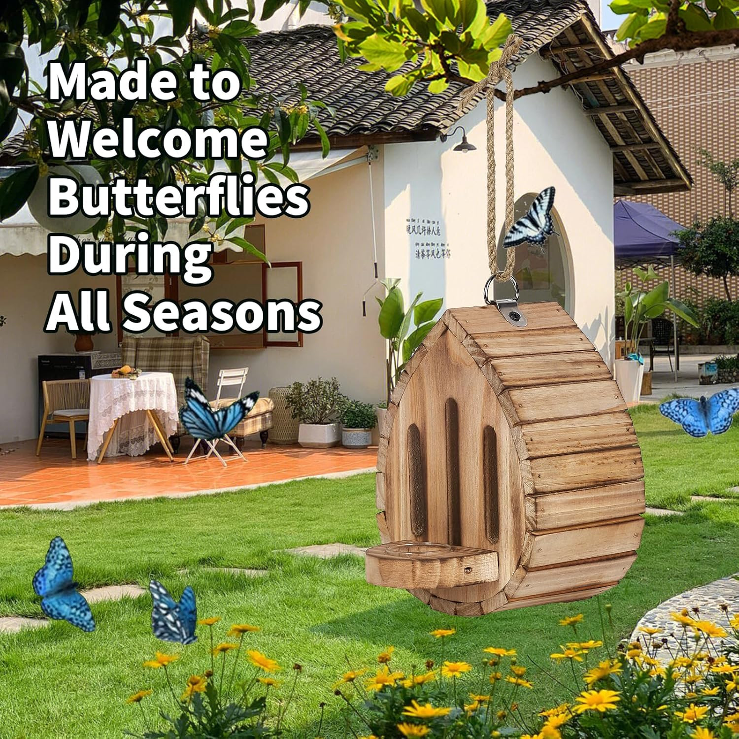 Butterfly House Feeder Wooden Butterfly Habitat Garden Pollinator Shelter